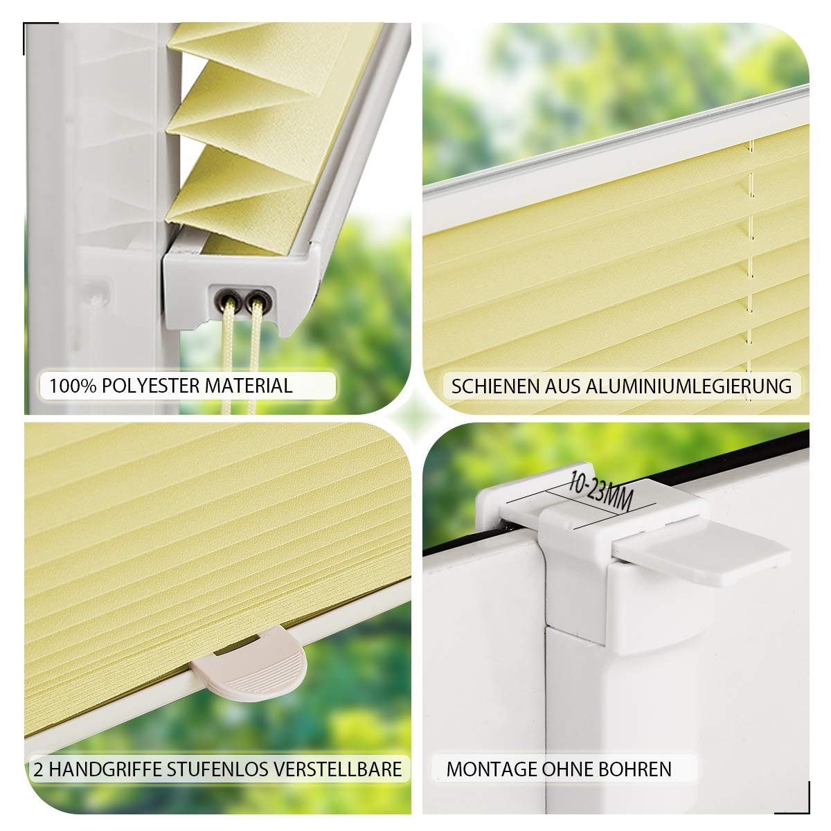 OUBO Plissee ohne Bohren Klemmfix, lichtdurchlässig Rollo, Lichtschutz, Easyfix, Klemmfix, mit Klemmträger, Sichtschutz und Sonnenschutz für Fenster & Tür