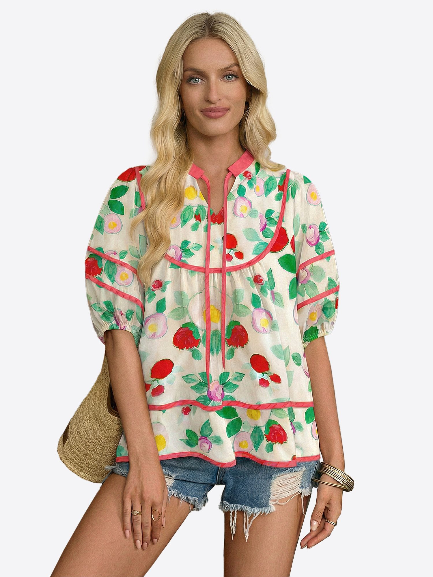 Imily Bela Kurzarmbluse Damen Babydoll Tops mit Blumenmuster (Packung, 1-tlg., 1per-Pack) mit V-Ausschnitt