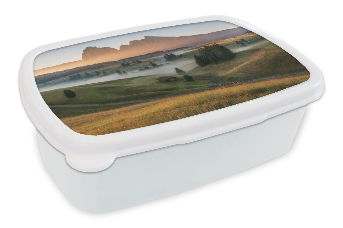 MuchoWow Lunchbox Berg - Nebel - Landschaft, Kunststoff, (2-tlg), Brotbox für Kinder und Erwachsene, Brotdose, für Jungs und Mädchen weiß