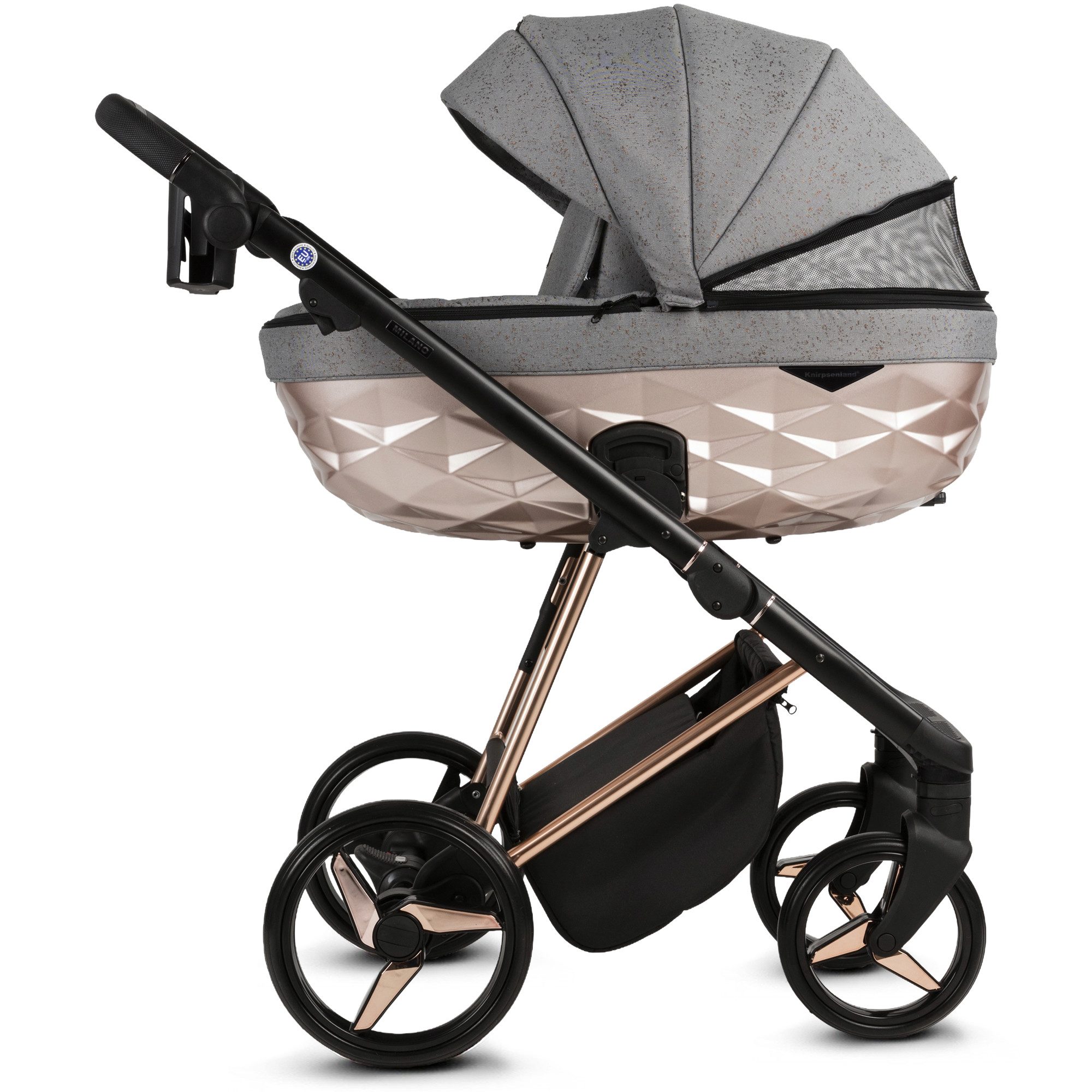 Knirpsenland Kombi-Kinderwagen Milano 2in1 Luxus 3D Wanne, Sportsitz, Wickeltasche, viel Zubehör, (Spar-Set), hohe Sicherheit durch One-Klick System der Kinderwagenaufsätze