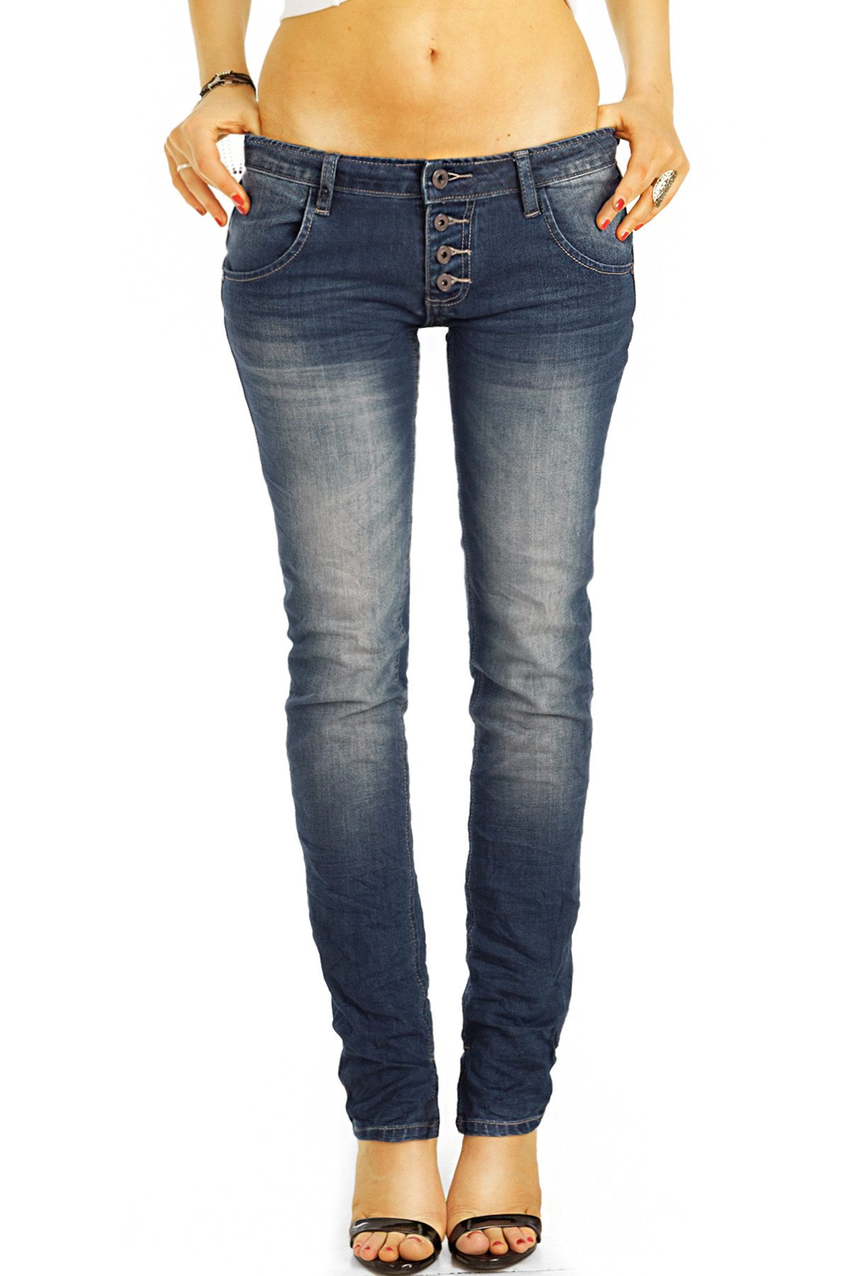 be styled Straight-Jeans low waist Damen Jeanshosen, niedrig geschnitten mit Knopfleiste j12L-3 5 - pocket