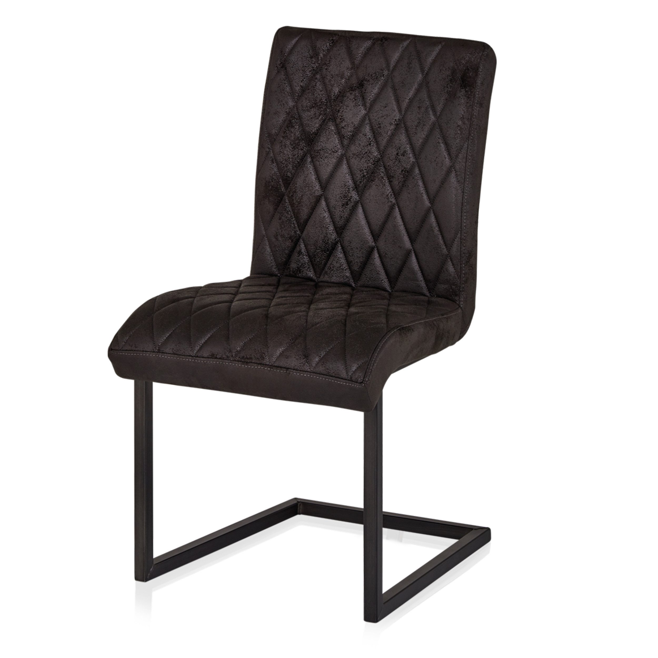 KHG Freischwinger Esszimmerstuhl Mikrofaser Schwarz, bis 110 kg belastbar, Vintage Stil, gepolstert, Nosag-Wellenfederung, Metallgestell Schwarz