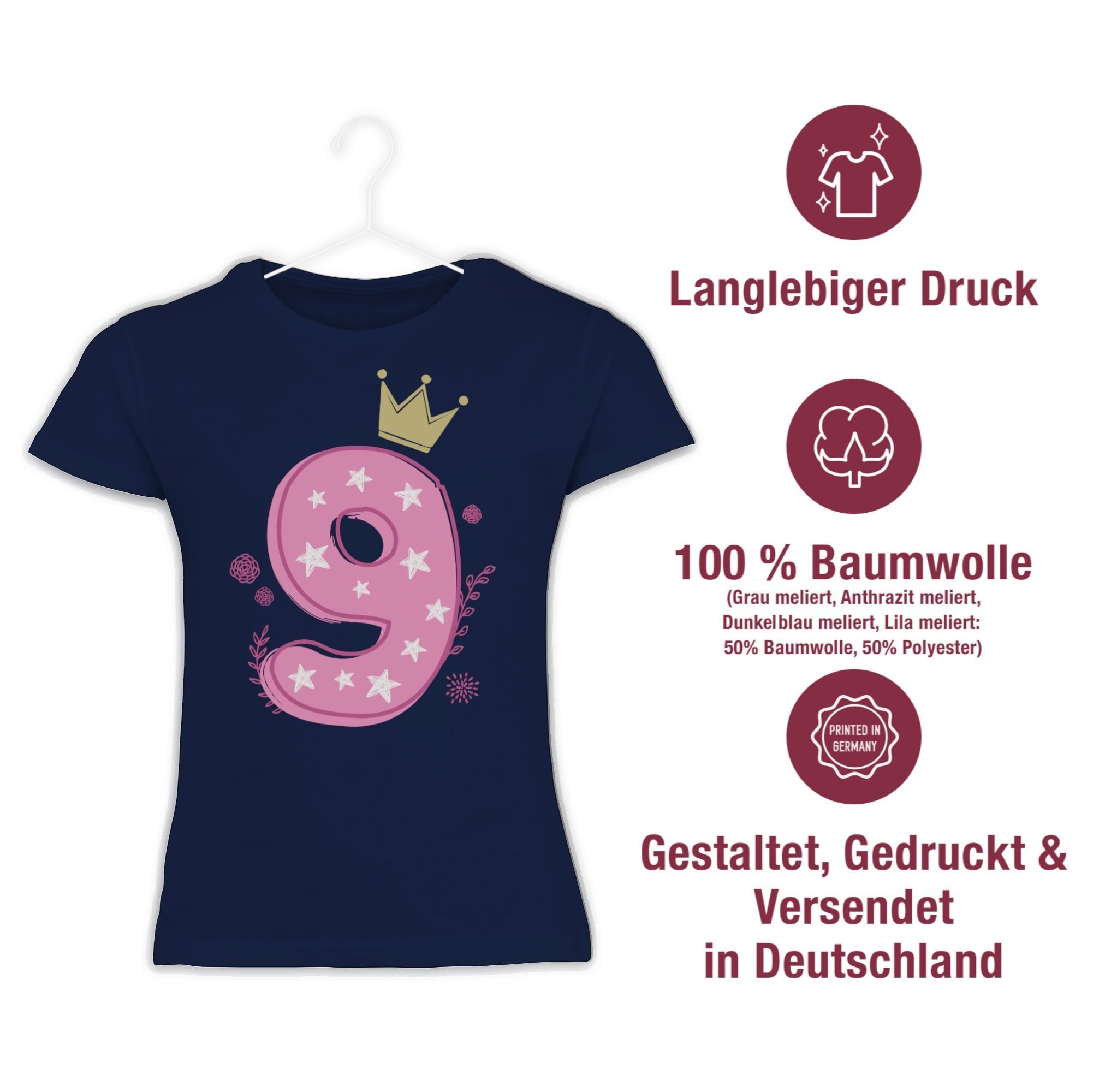 Shirtracer T-Shirt Neunter 1 9. Mädchen Krone Geburtstag Dunkelblau Sterne