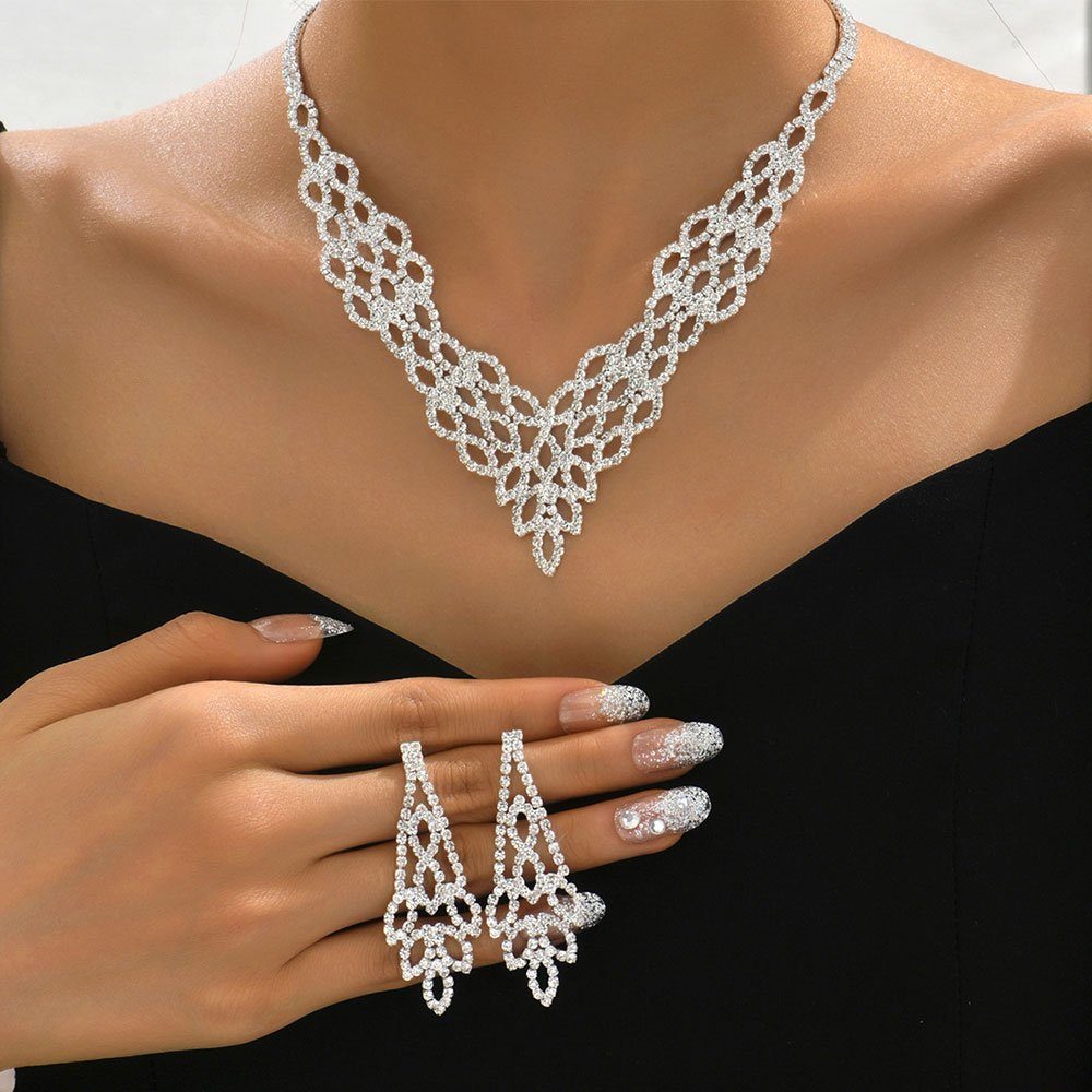 Schmuckset Damenschmuck Schmuckset Halskette,Ohrringe AUzzO~ Hochzeits Strass-Set Silber