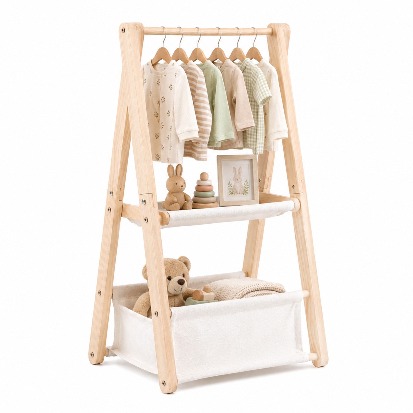 QUBEBU Kleiderständer Kleiderständer für Kinder, Holz Kindergarderobe mit Aufbewahrungskorb, (Klappbar Kinderkleiderschrank Kindergarderobe mit Ablagen, 101x71x30cm, 1 St., Kinderzimmer Standgarderobe Dress-up-Ständer für Baby Kinder)