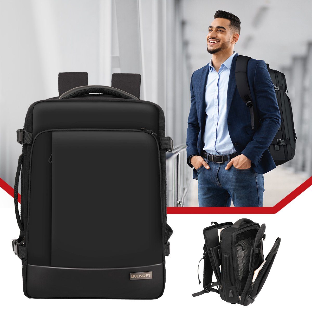 NULSTA Kofferrucksack Arbeit Rucksack Erweiterbarer Laptop Rucksack für Business Reisen, 46x32x28cm Handgepäck Laptoprucksack für 17 zoll Notebook