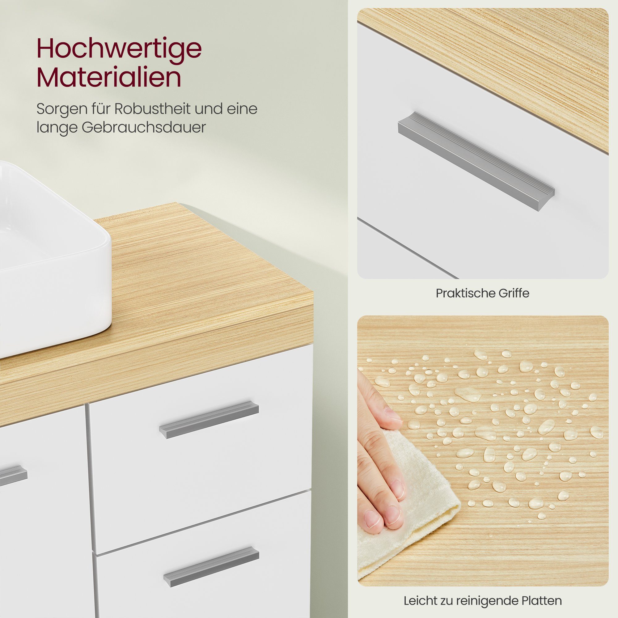 VASAGLE Waschbeckenunterschrank 3 Schubladen, mit 70 cm x 30 wolkenweiß-naturbeige Füßen, 64 x