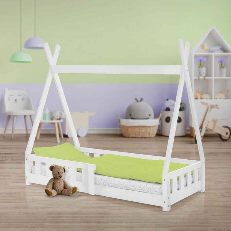 ML-DESIGN Kinderbett Hausbett mit Rausfallschutz und Lattenrost Massivholz, Bett 70x140 Weiß aus Kiefernholz Spielbett Zelt mit Zaun