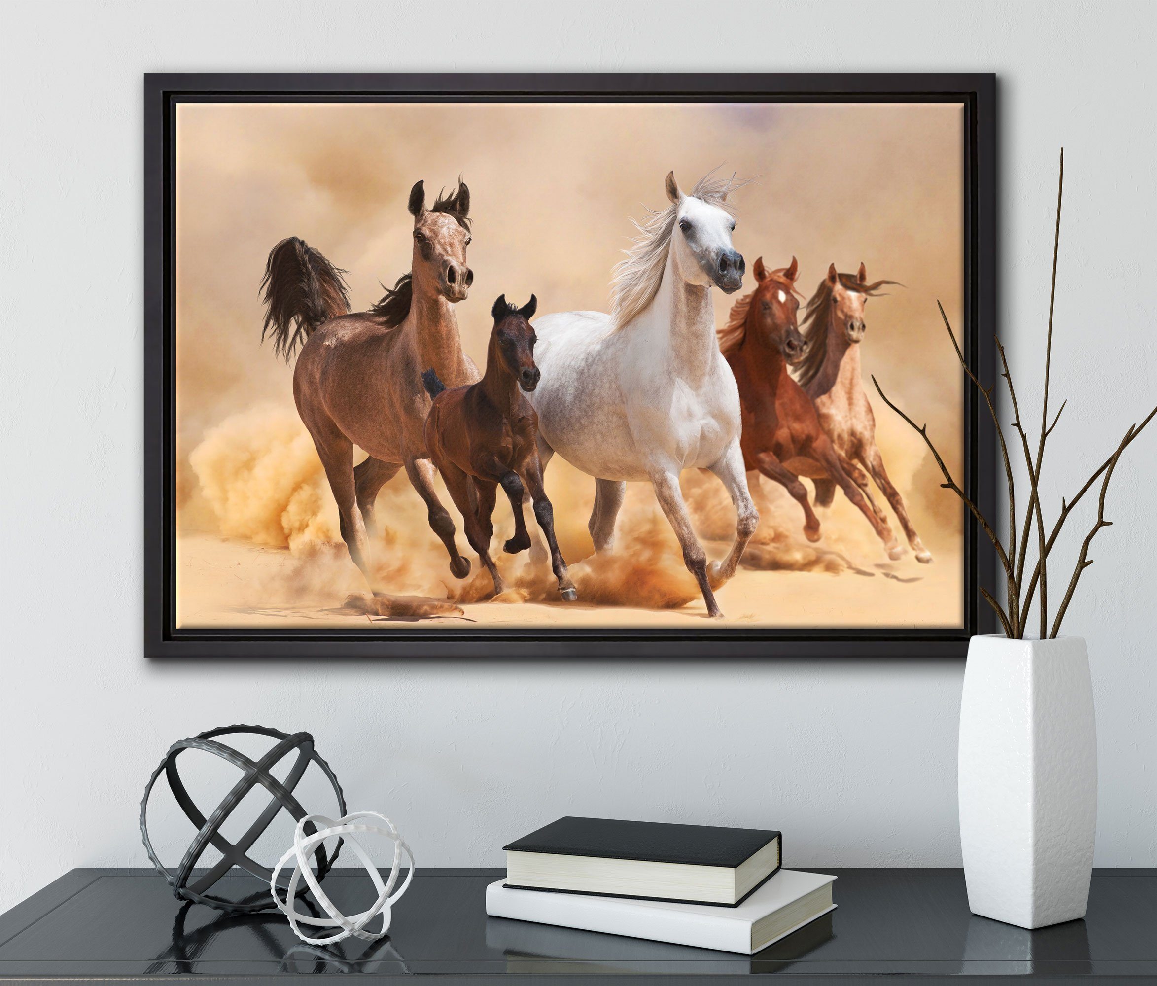 Schattenfugen-Bilderrahmen in Pixxprint (1 inkl. St), bespannt, Leinwandbild Leinwandbild Pferde gefasst, mit Fohlen, Zackenaufhänger Western Wanddekoration fertig einem