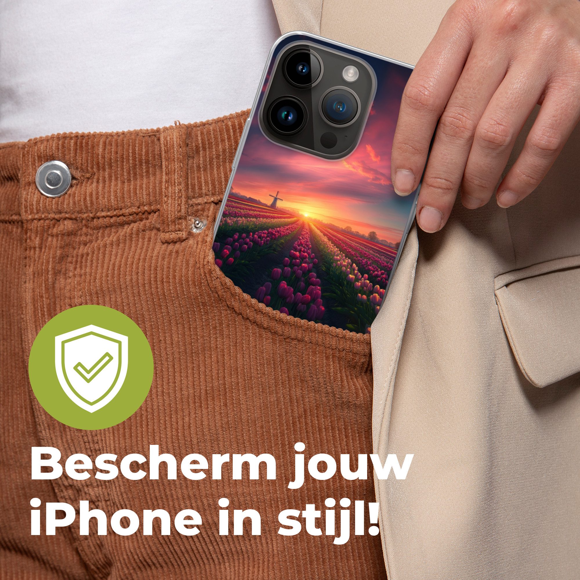 MuchoWow Handyhülle für Apple iPhone 14 Pro Windmühle - Sonnenuntergang - Landschaft, Smartphone-Bumper, Print, Handy Schutzhülle Dünn