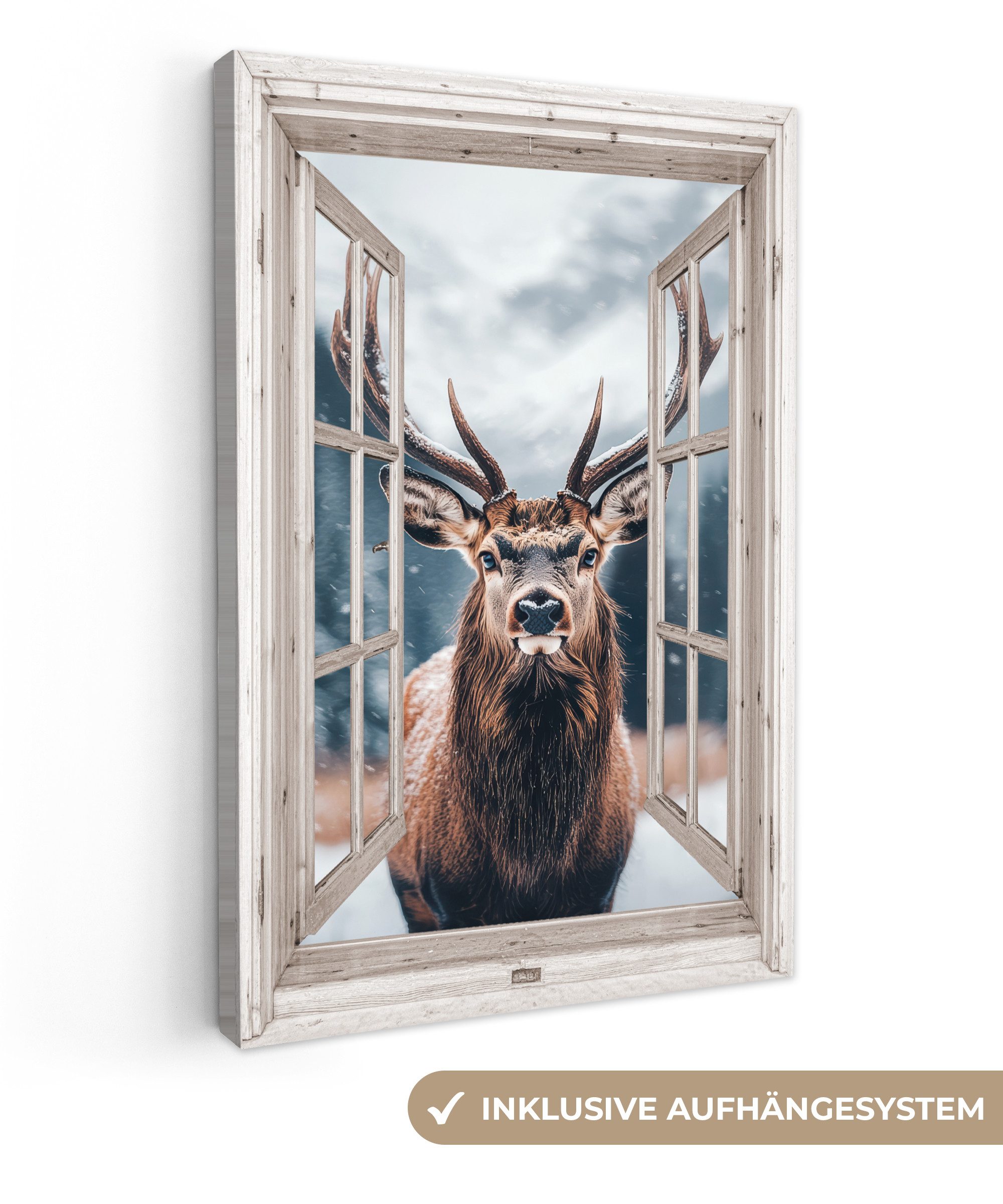 OneMillionCanvasses® Leinwandbild Hirsche - Tiere - Landschaft - Winter - S günstig online kaufen