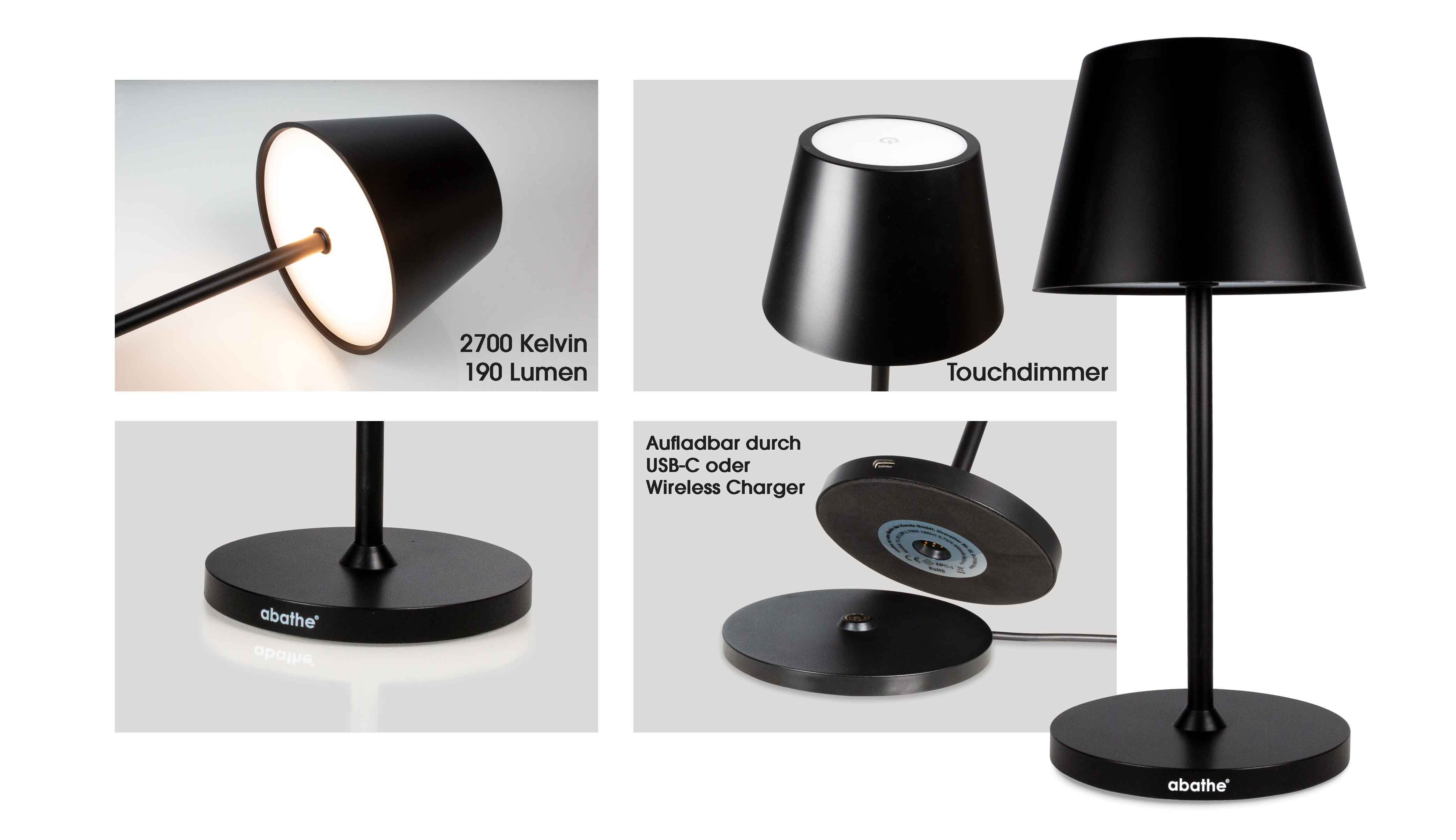 abathe USB-Tischleuchte abathe LED Akku Tischleuchte round mit Ladestation, dimmbar, aufladbar, sichtfreie Höhe von 25cm, IP54, Ladestation, 2700K