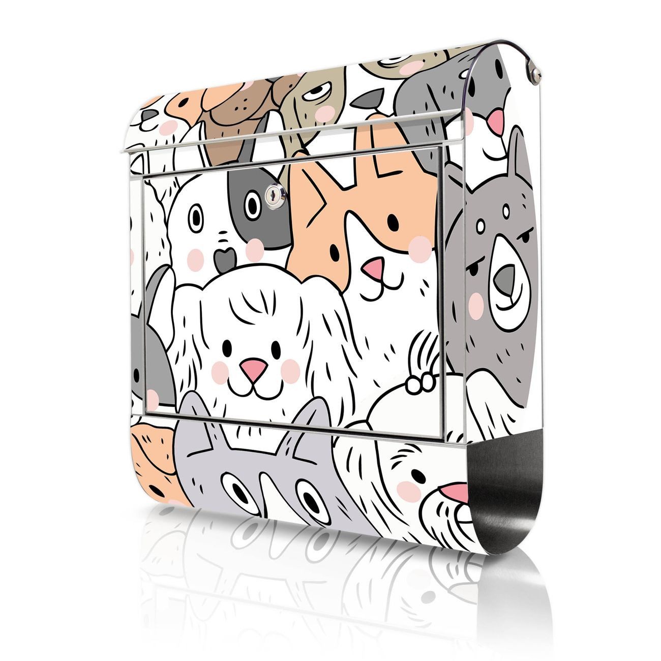 banjado Wandbriefkasten Edelstahl mit Motiv Hunde Gruppe neugierig (Wandbriefkasten groß, mit Zeitungsfach), 38 x 42,5 x12 cm