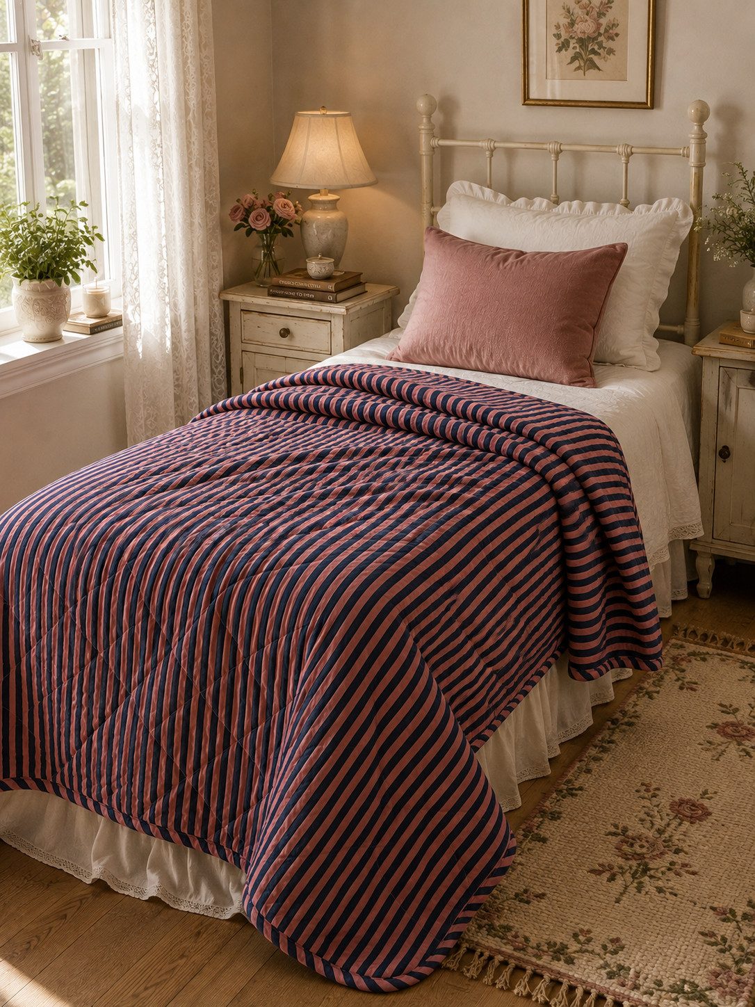 Wohndecke gestreift-staubiges Pink, AU Maison, Quilt-Optik aus Baumwolle 140 × 180 cm – Bild 3 von 3