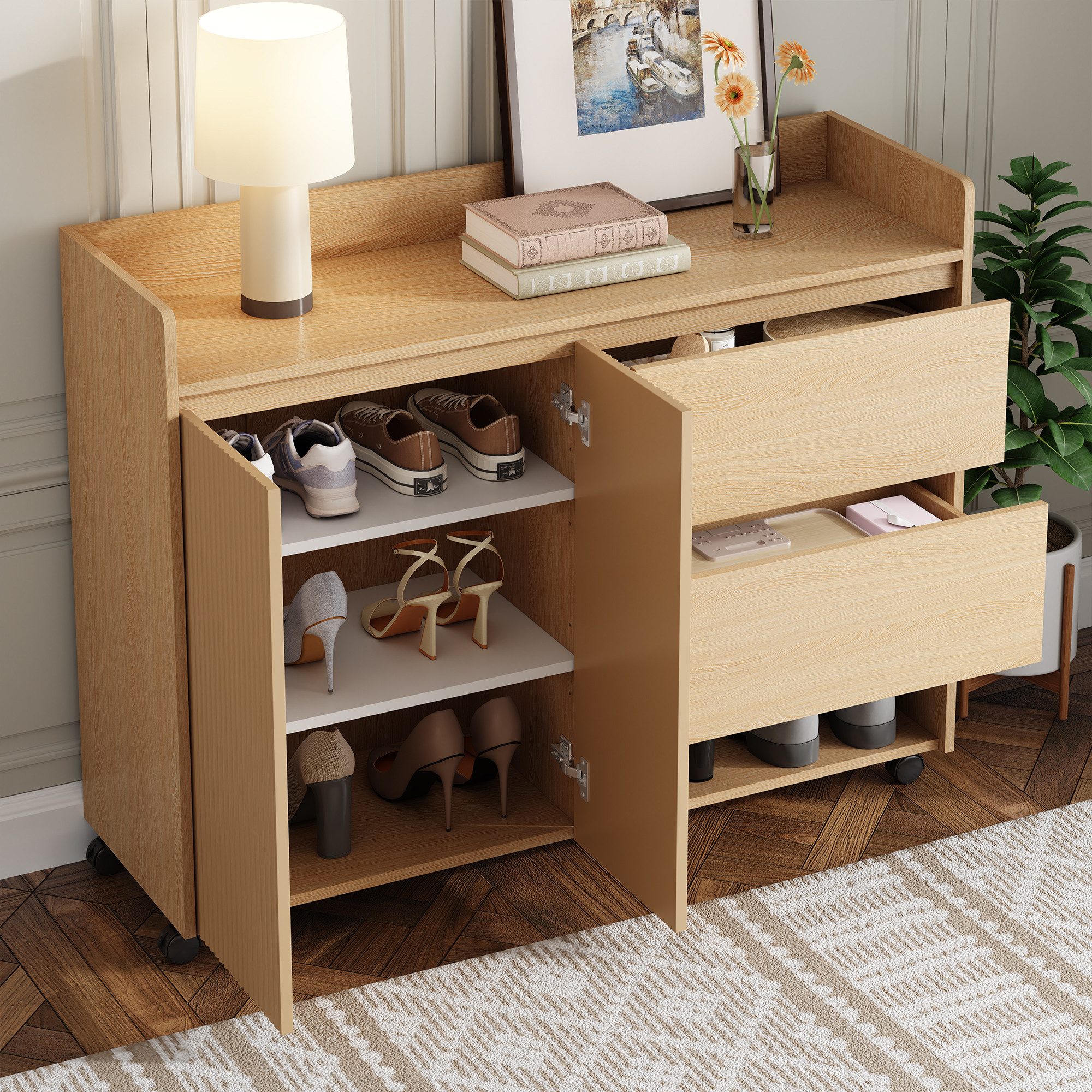 STILVORA Schuhschrank mit Rollen,Schuhregal Aufwahrungsschrank mit verstellbare Regale (Wohnzimmerschrank, 1-St., Dämpfungsscharnier) verstellbare Regale, Universalrad mit Bremse