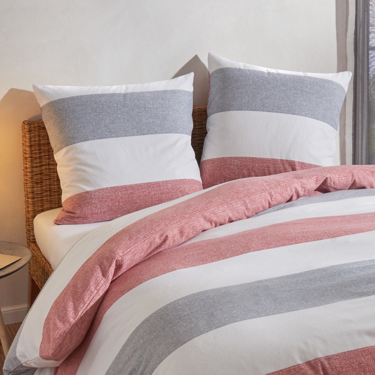 TRAUMSCHLAF Bettwäsche Melange Streifen rot, Biber, 3 teilig, Biberbettwäsc günstig online kaufen