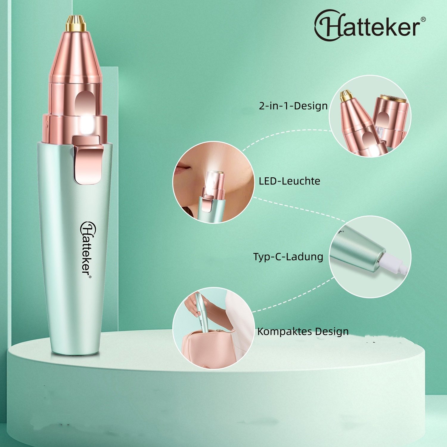 HATTEKER Gesichtsepilierer HT-586, Aufsätze: 1 St., Augenbrauentrimmer, Wet&Dry 2-in-1