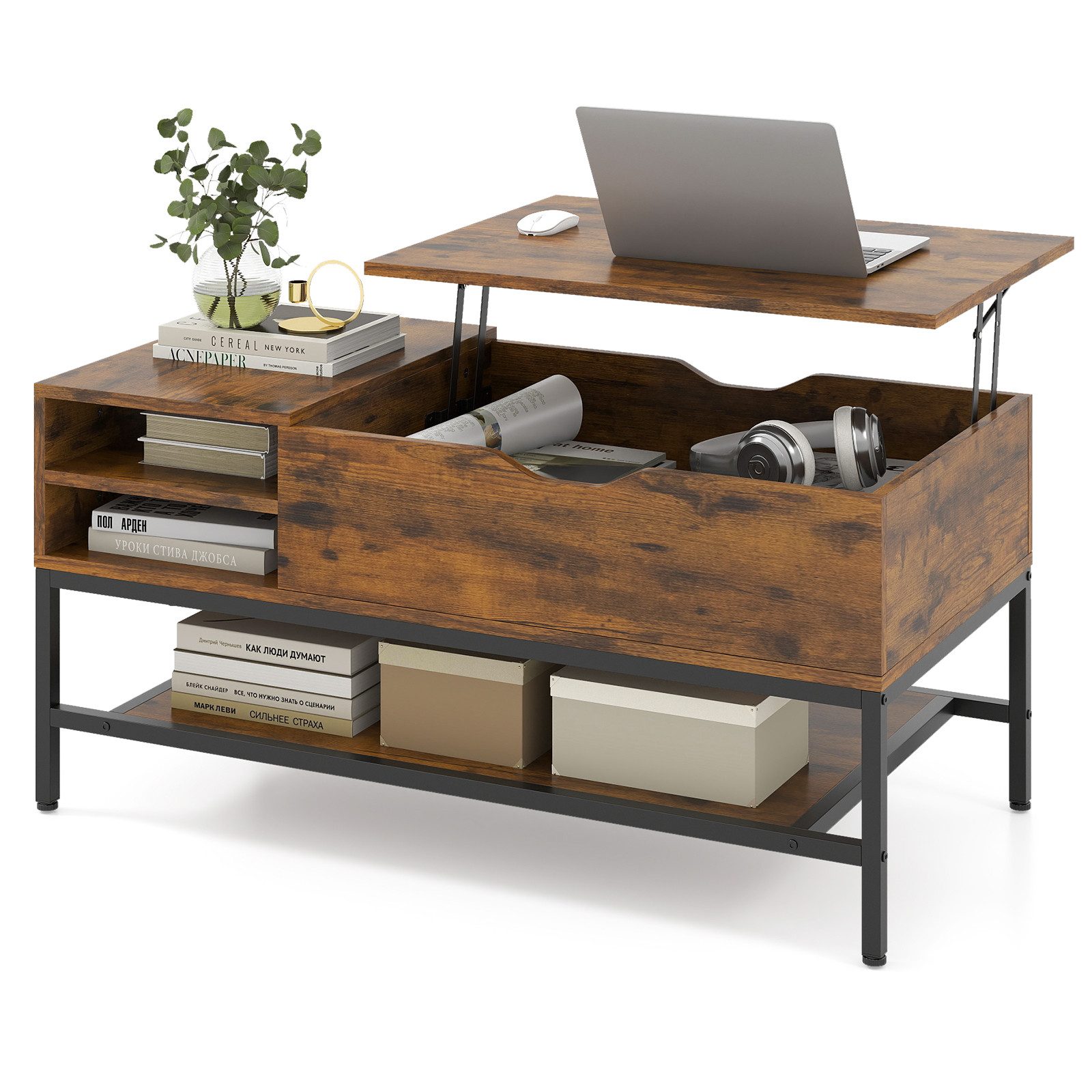 COSTWAY Couchtisch, höhenverstellbar Wohnzimmertisch mit Fachern, 100x49,5x47,5cm