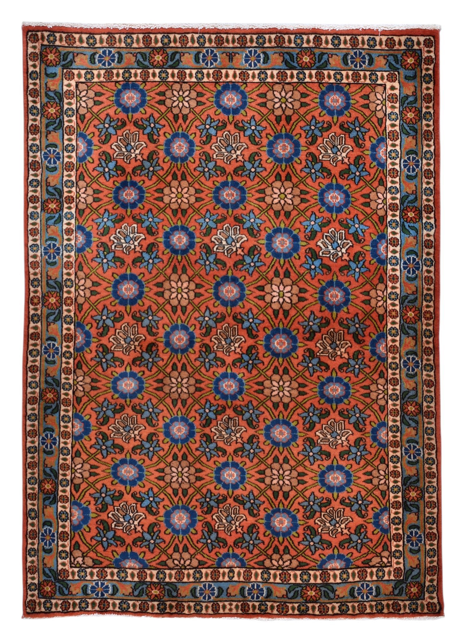 CABBEL Orientteppich Perserteppich Varamin 145x105 cm handgeknüpft Terrakotta Blau Wolle, rechteckig, Höhe: 10 mm, Handgeknüpft, Flor aus Wolle, Kette aus Baumwolle, Allover-Muster
