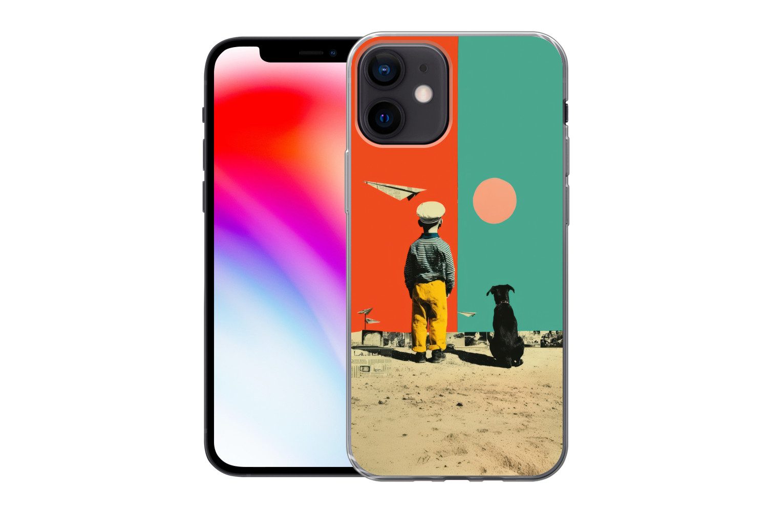MuchoWow Handyhülle für Apple iPhone 12 Retro - Junge - Hund - Rot - Grün, Smartphone-Bumper, Print, Handy Schutzhülle Dünn
