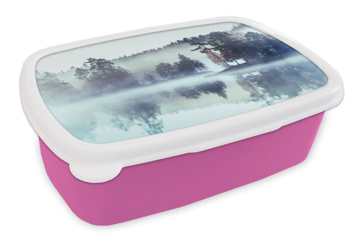 MuchoWow Lunchbox Wald - Nebel - Winter, Kunststoff, (2-tlg), Brotbox für Erwachsene, Brotdose Kinder, Snackbox, Mädchen, Kunststoff rosa