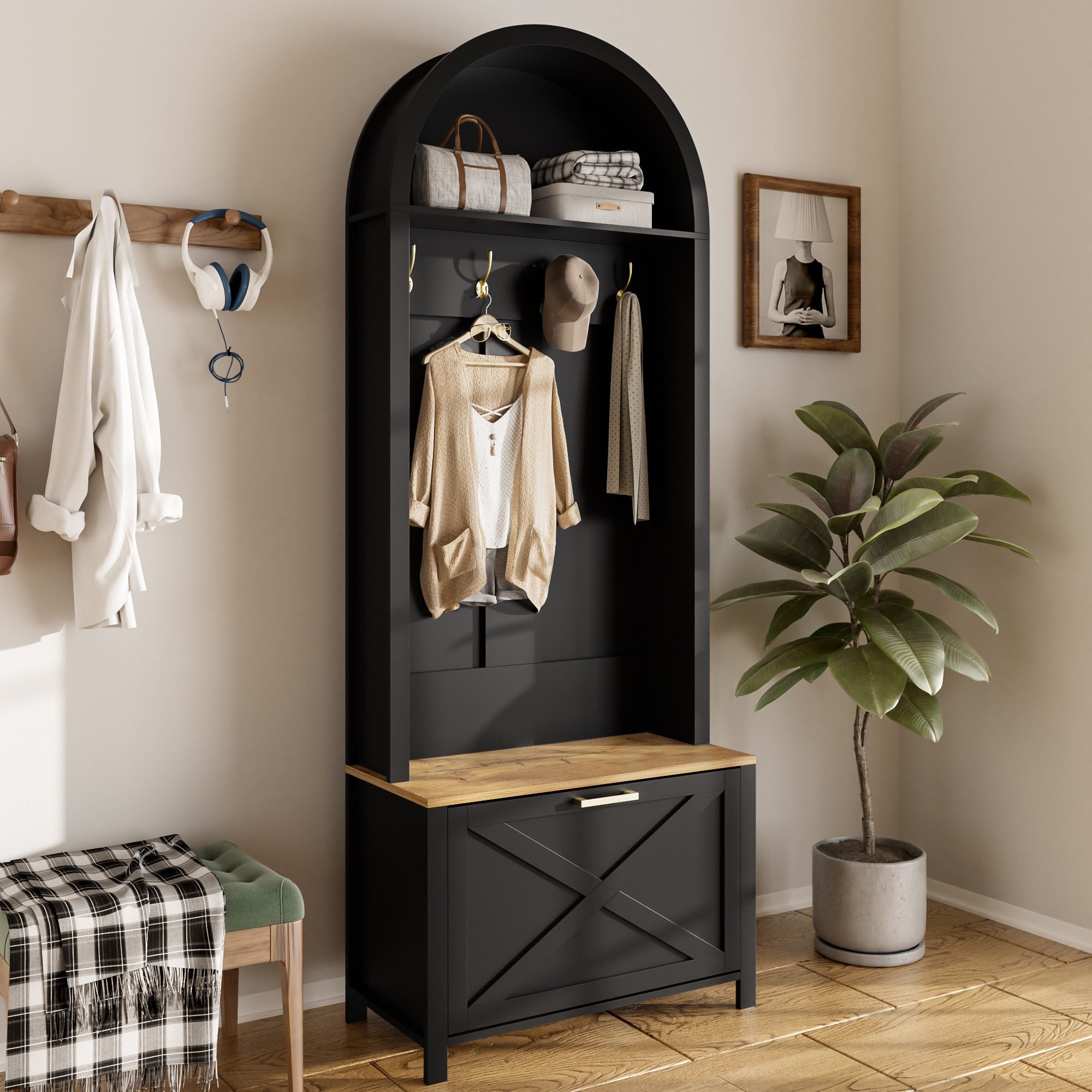 STILVORA Garderoben-Set mit Schuhregal,Wandgarderoben Garderobenständer mit Haken&Sitzbank, (Flurschrank, Garderobenständer, 1-St., 75 L x 35 B x 195 H), mit Schuhregal, Ablage und Haken