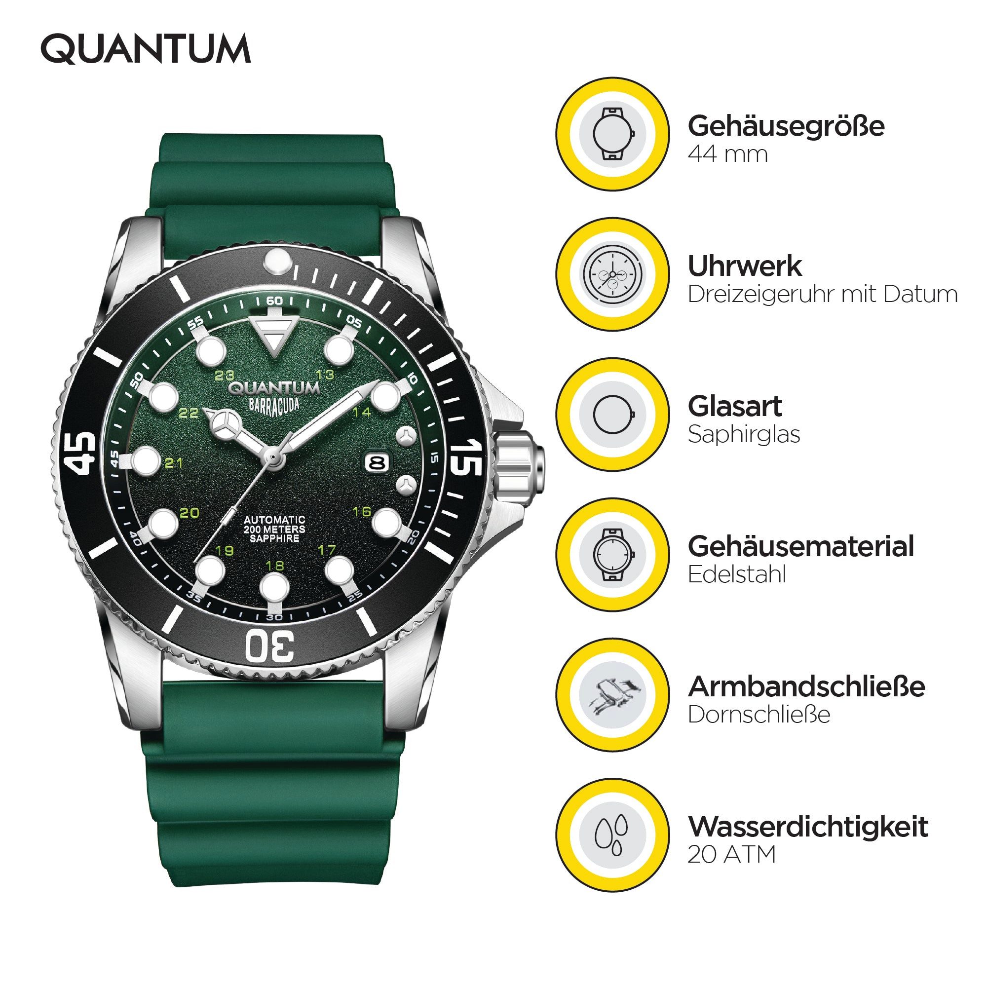 QUANTUM Automatikuhr Taucheruhr Herren, Herrenuhr Silikonarmband, 44 mm, 20 ATM wasserdicht BARRACUDA BAR1115.375, (1-tlg)