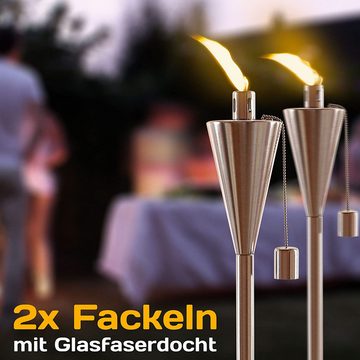 Praknu Gartenfackel 2 Gartenfackeln Edelstahl 115cm, Kindersicherung, Flamme, Flammenfarben, Draußen/Garten