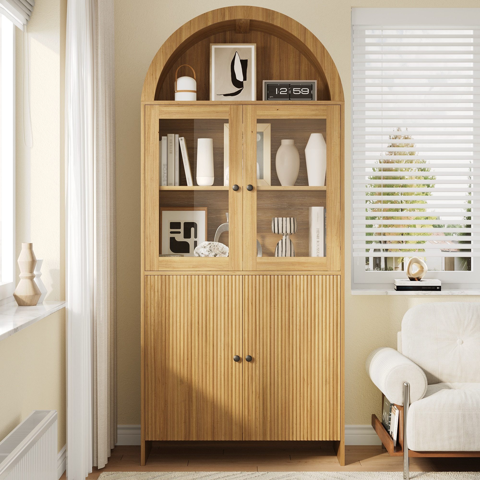 MODFU Vitrine 78x176x40 cm mit Glastüren und Bogendecke (Packung, 1-St., Stilvolles Sideboard für das Wohnzimmer) Geschlossener Schrank mit Wellenmuster
