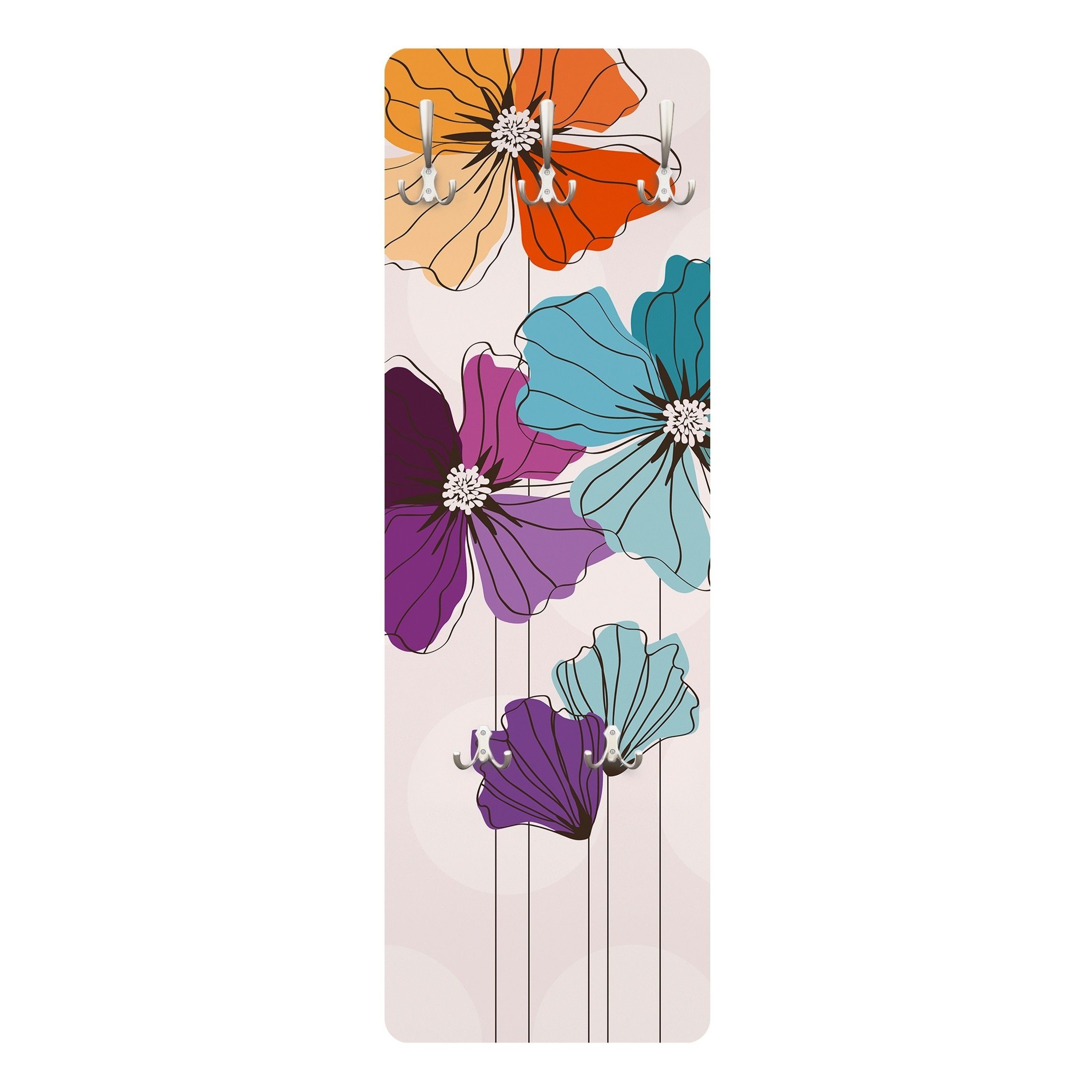 Bilderdepot24 Garderobenpaneel Design Blumen Floral Kunst Mohn in Pastell (ausgefallenes Flur Wandpaneel mit Garderobenhaken Kleiderhaken hängend), moderne Wandgarderobe - Flurgarderobe im schmalen Hakenpaneel Design