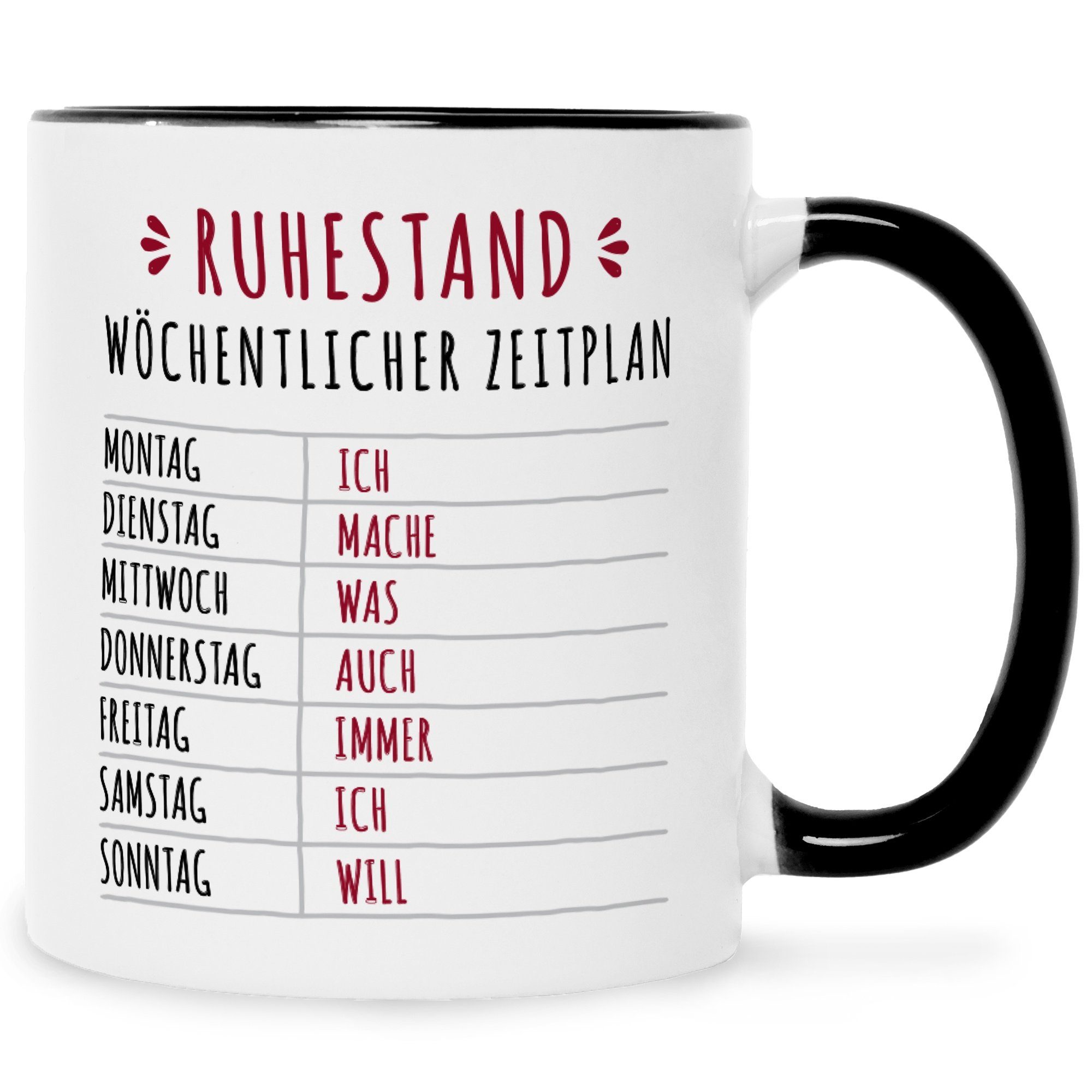 GRAVURZEILE Tasse mit Spruch Ruhestand Plan, Keramik, Farbe: Schwarz & Weiß