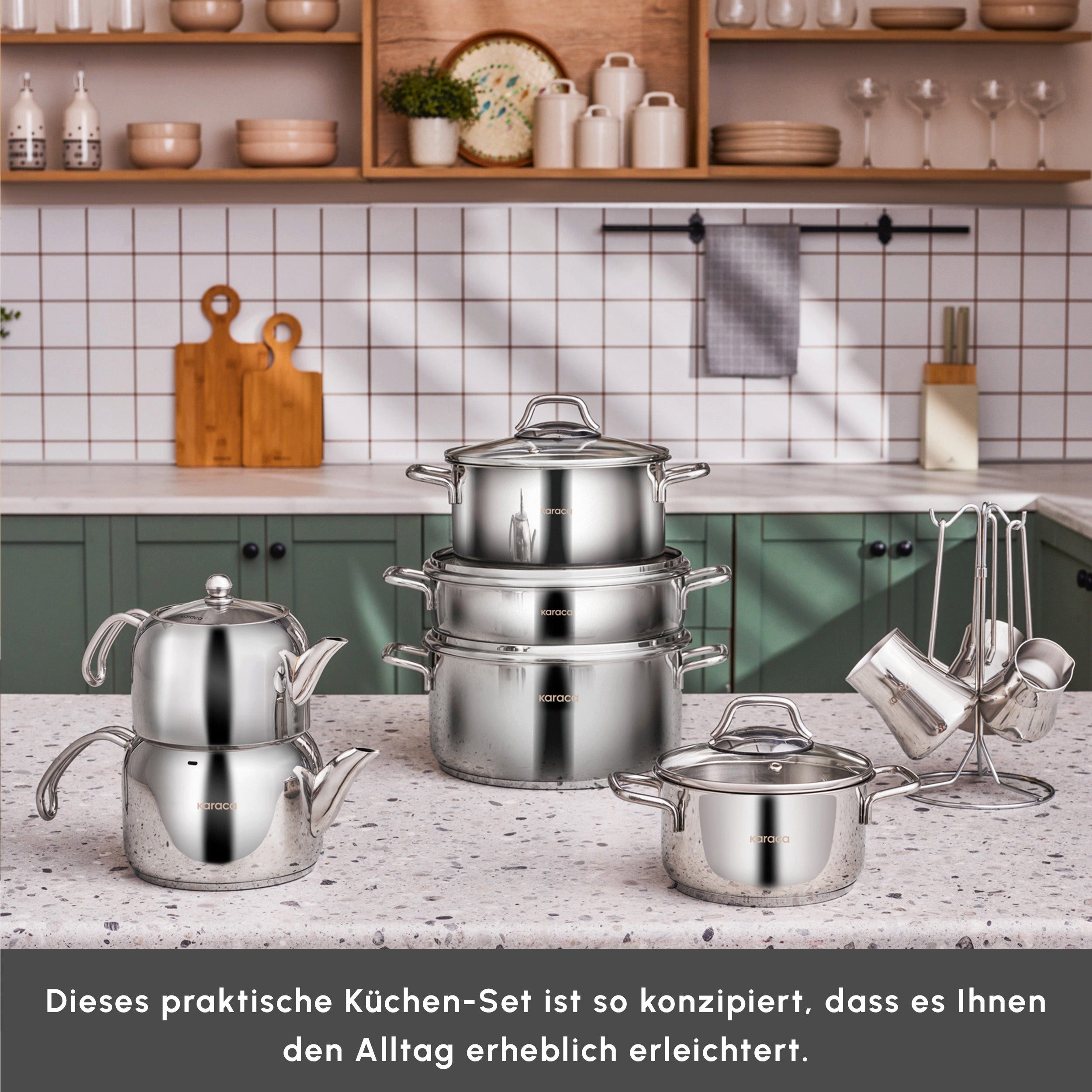 Karaca Topf-Set Belgrad Kochgeschirrset Kochtopf aus Edelstahl Kochgeschirr 15-Teilig, 18/10 EDELSTAHL, Bratpfanne Kochgeschirr Bratentopf Fleischtopf Stieltopf – Bild 4 von 5