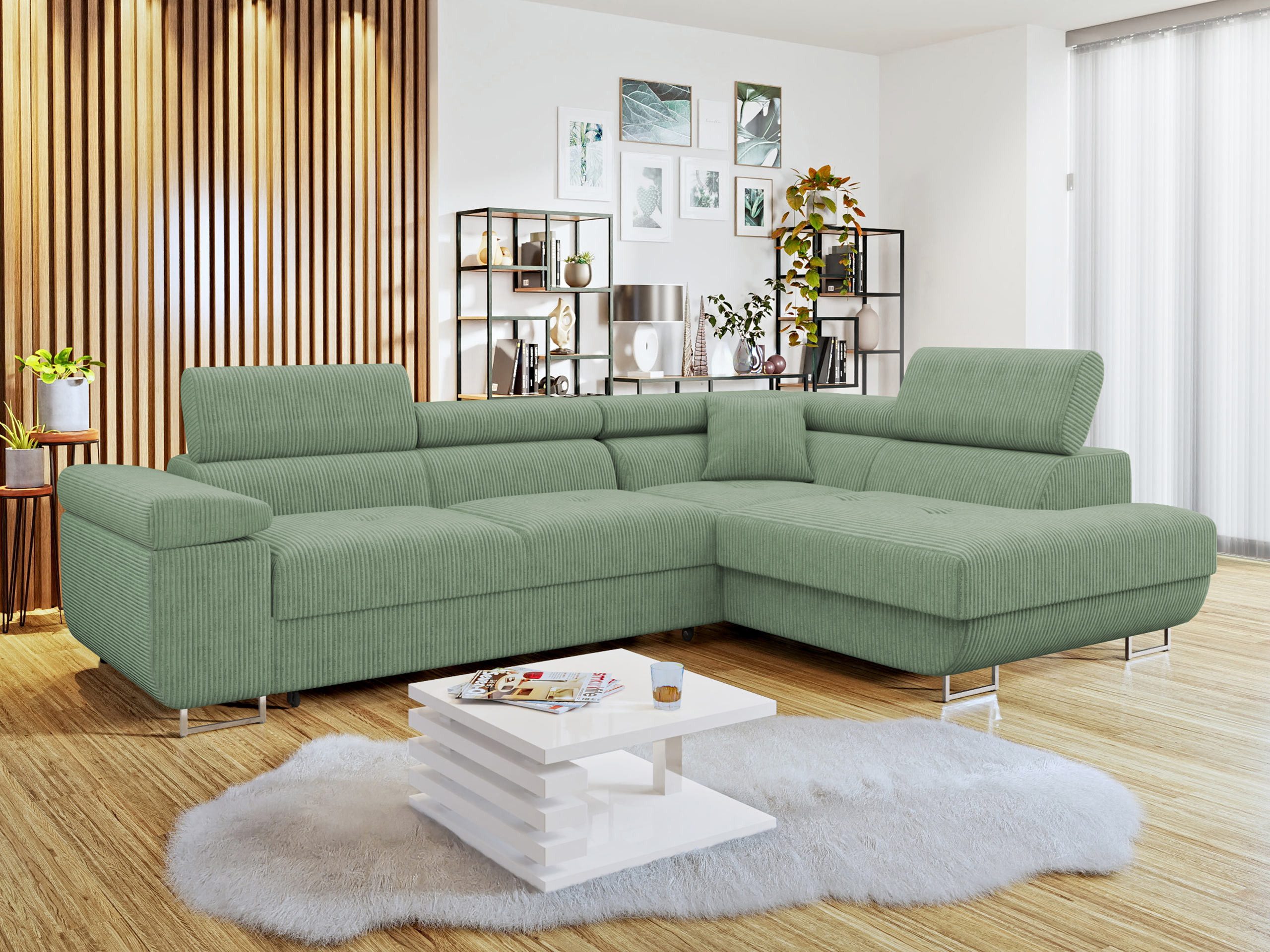 MIRJAN24 Ecksofa Torezio Cord, mit Bettkasten und Schlaffunktion, Einstellbare Kopfstützen, 274x203x70-90 cm