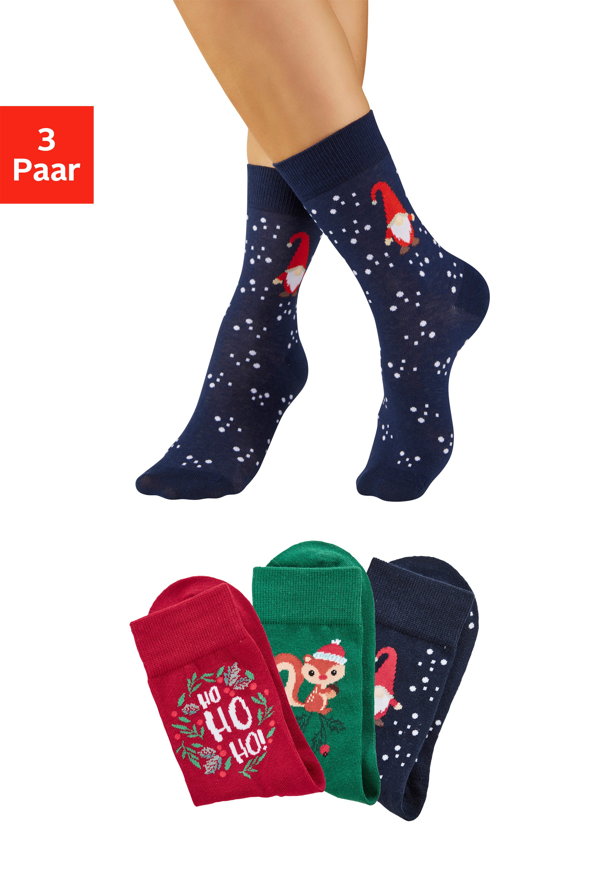 H.I.S Freizeitsocken Damen Weihnachtssocken (Packung, 3-Paar, Gr. 35-38 bis 39-42) mit lustigen Motiven