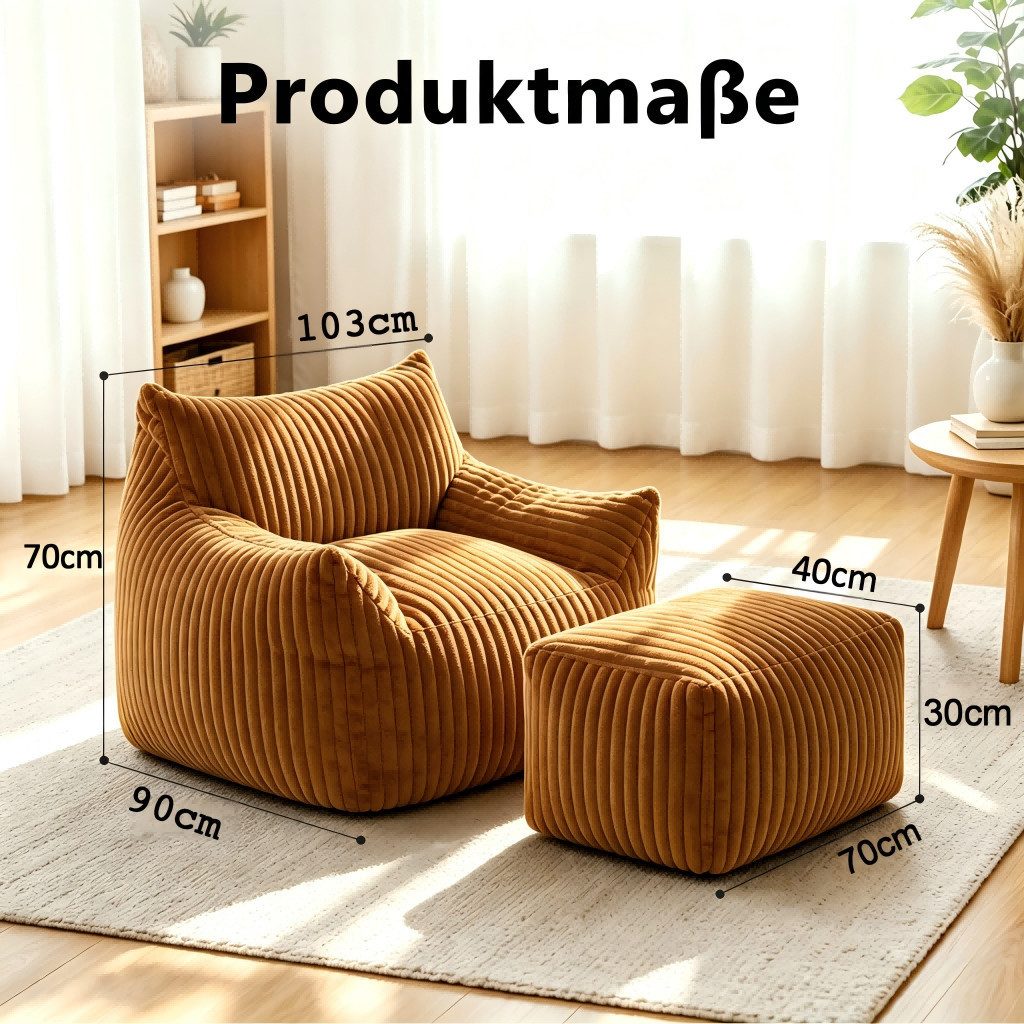 VUZINIC Sessel Corduroy-Beanbag-Stuhl mit Ottoman, Sofa aus hochdichtem Schaumstoff (2-St), Beanbag mit breiten Armlehnen – ideal für Wohnzimmer und Schlafzimme – Bild 2 von 5