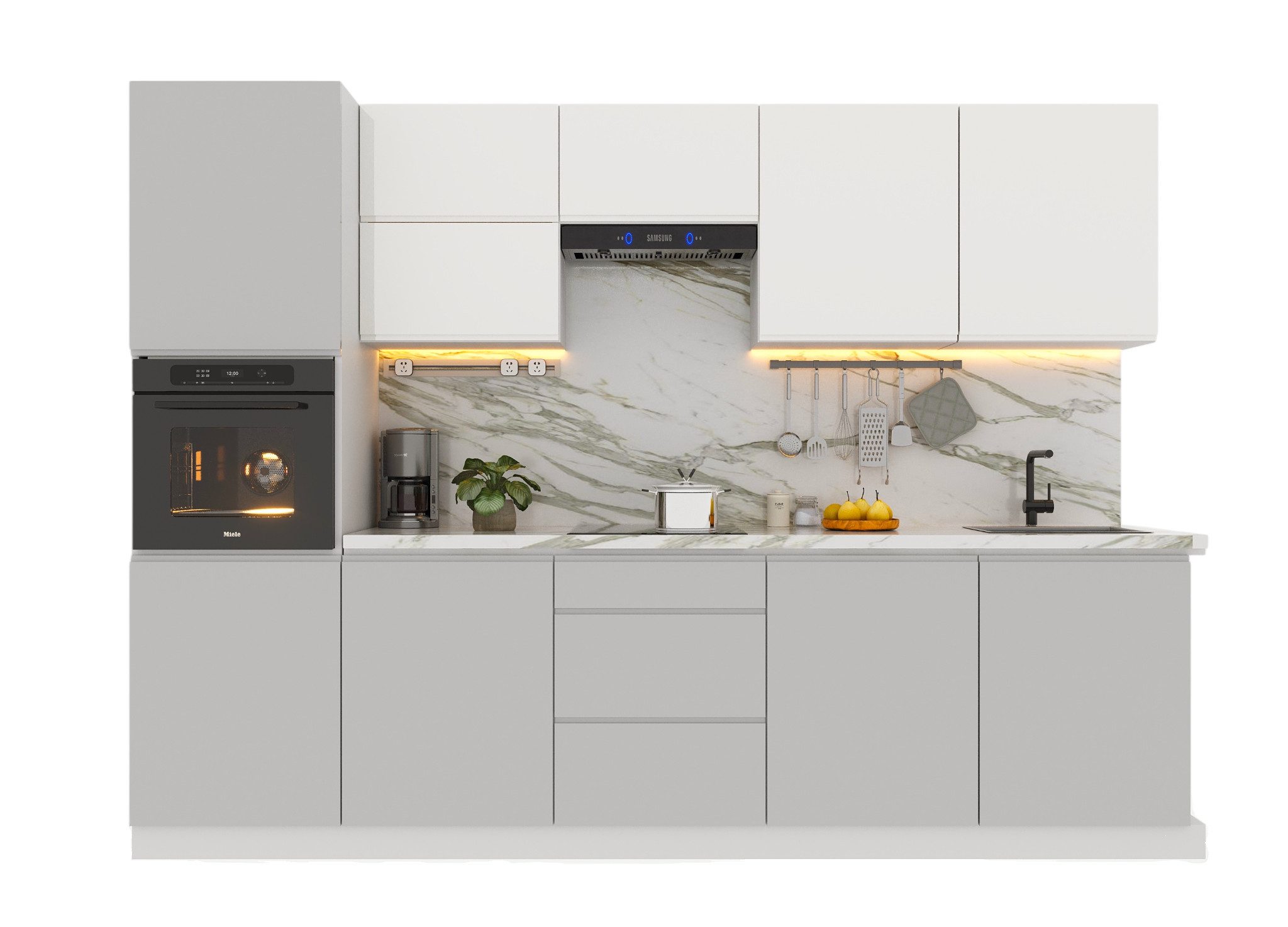 ROYAL24_MARKT Küchenzeile – KU-S01 – Aspen – Harmonische Kombination in Grau & Weiß Hochglanz, (Komplett Set), Luxus – Modern – Präzise