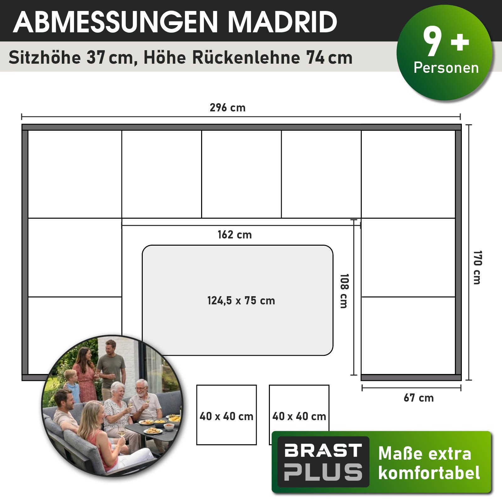 BRAST Gartenlounge-Set Loungemöbel Madrid, bis zu 11 Personen, 296x170x70cm, (Outdoor Sofa Dining Lounge, Gartenmöbel Sitzgruppe Essgruppe), wetterfest wasserabweisend stabiles Stahlgestell
