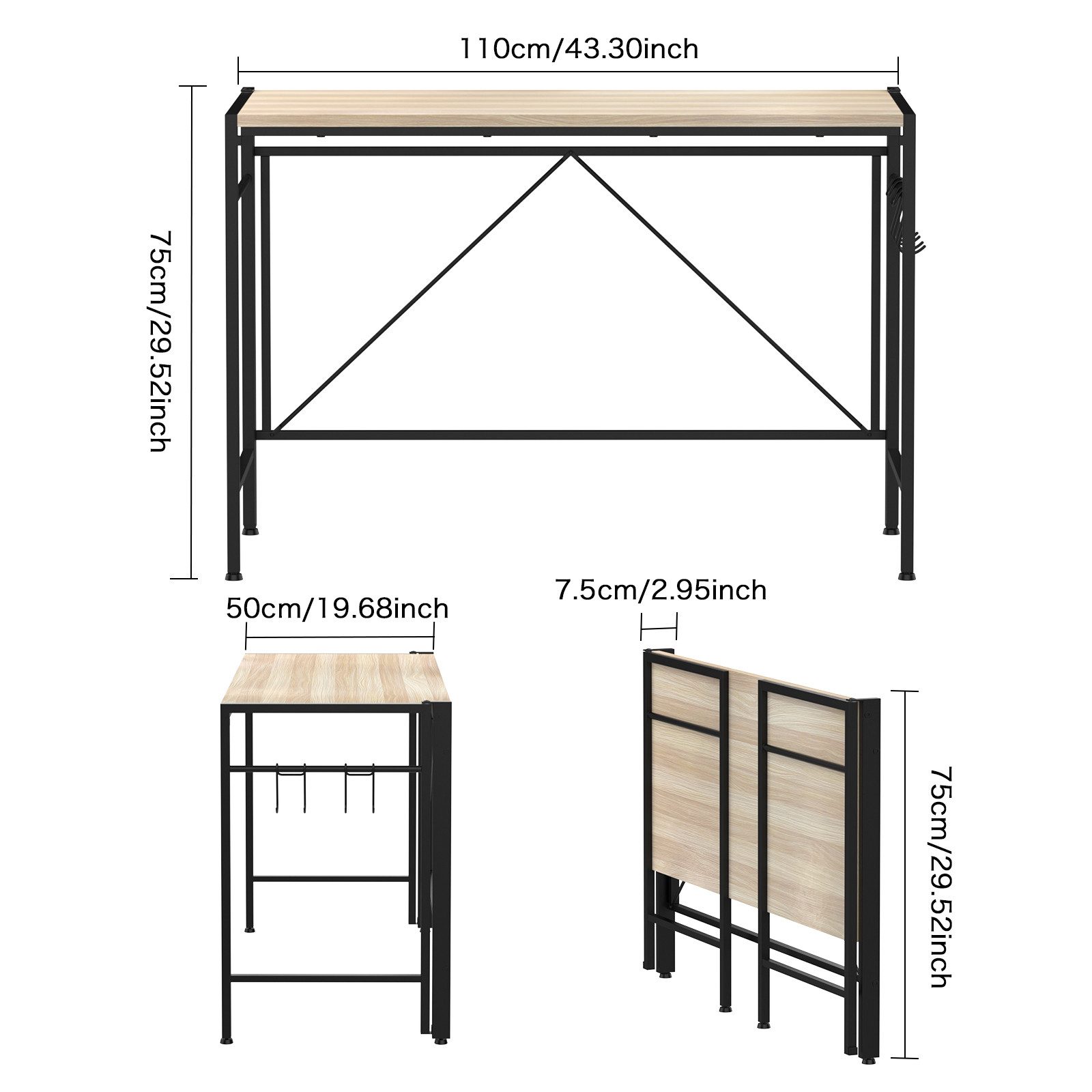 JEOBEST Klapptisch Schreibtisch Klappbar mit Rollen, Arbeitstisch XL 110 x 50 cm, (1-St., 1 Schreibtisch), Schmal, Platzsparend, Einfacher Montage – Bild 4 von 5