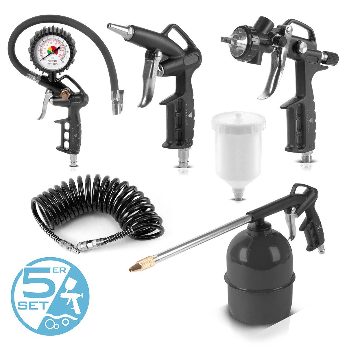 STAHLWERK Ausblaspistole Druckluftset 5-teilig, Druckluftwerkzeug, Paket, 5-tlg., Set, ideal zur präzisen Reinigung schwer zugänglicher Stellen