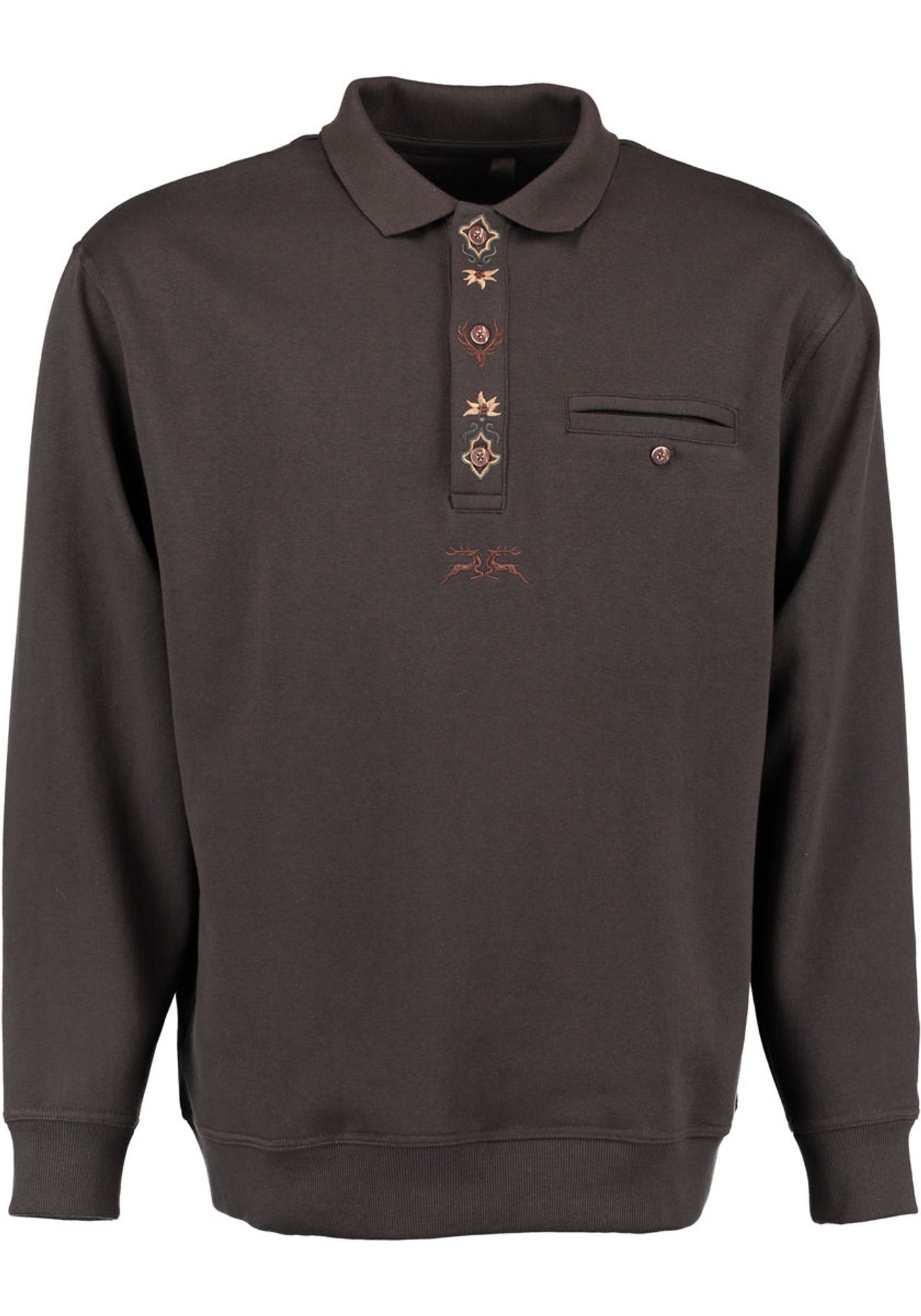 OS-Trachten Sweatshirt Shuro Jagdsweatshirt mit und Knopfleiste Liegekragen der Stickereien auf