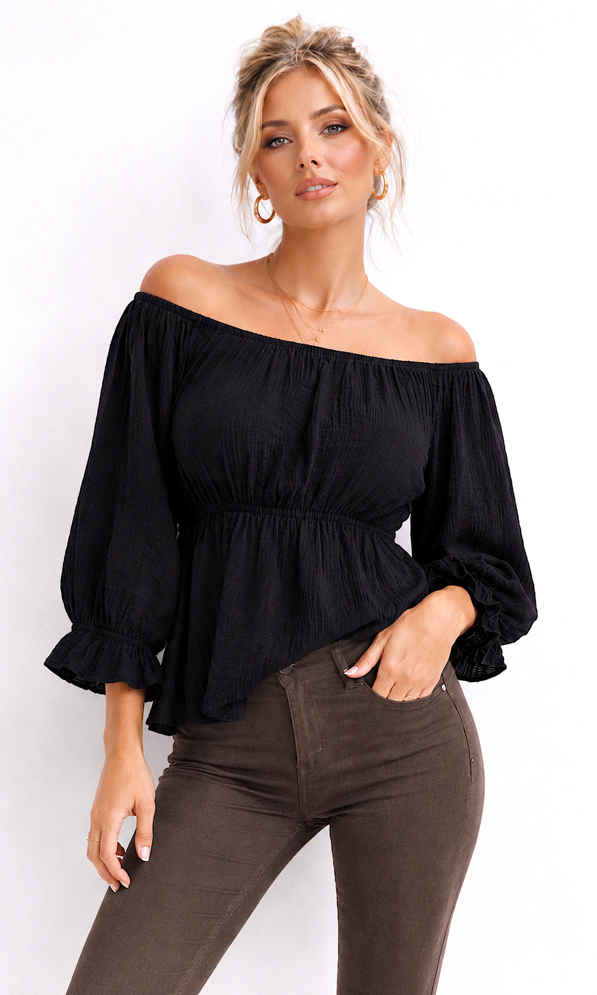 Worldclassca Chiffonbluse Worldclassca Musselin Off Shoulder Bluse Chiffon Sommer Top Shirt 3/4 Neue Kollektion - Stilvolle und gemütliche Sommer Mode für Damen
