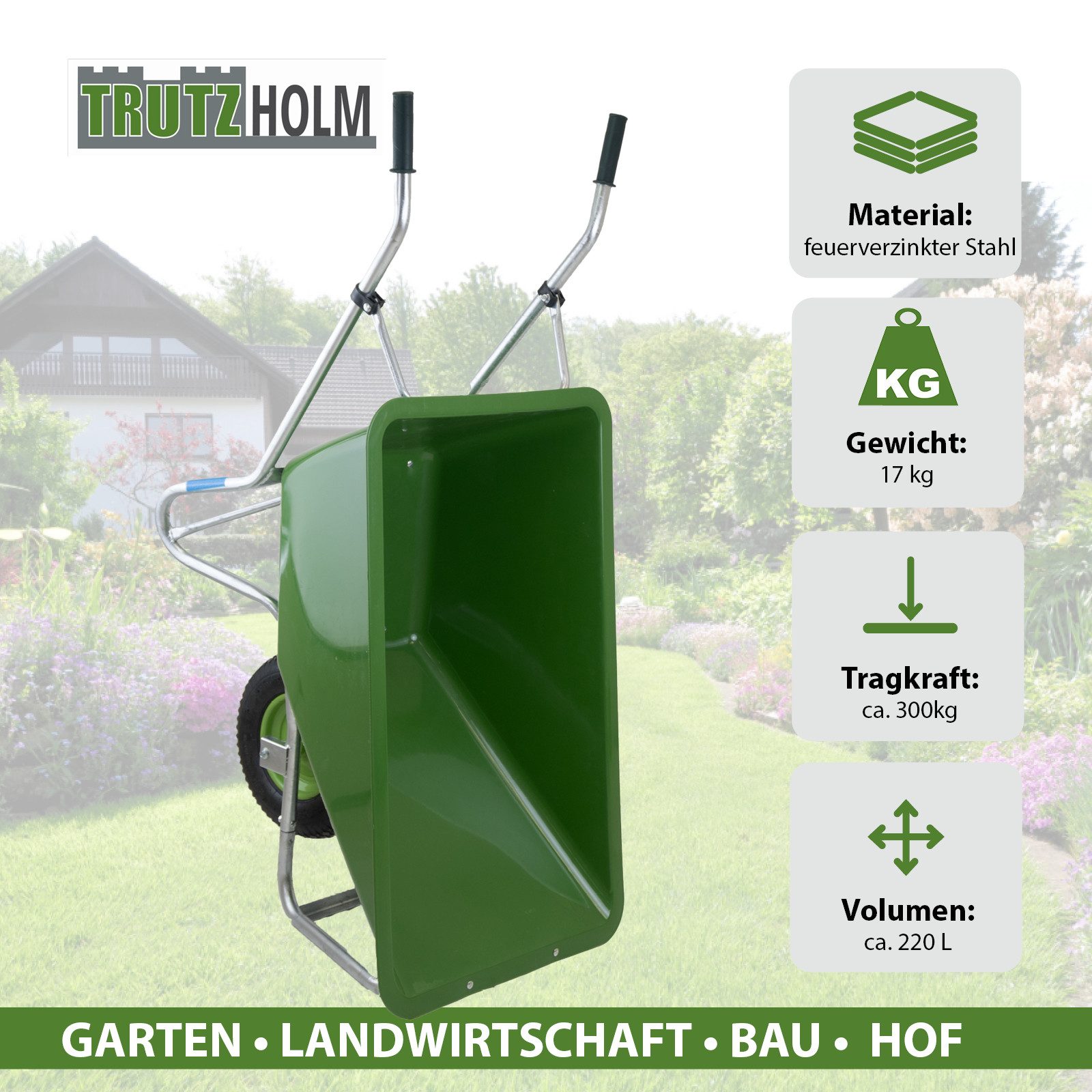TRUTZHOLM Schubkarre Hofkarre XL 220 L 300 kg Stahlfelge Luftrad Futterkarre Schubkarre, (Einzeln, 1-tlg), feuerverzinktes Stahlgestell