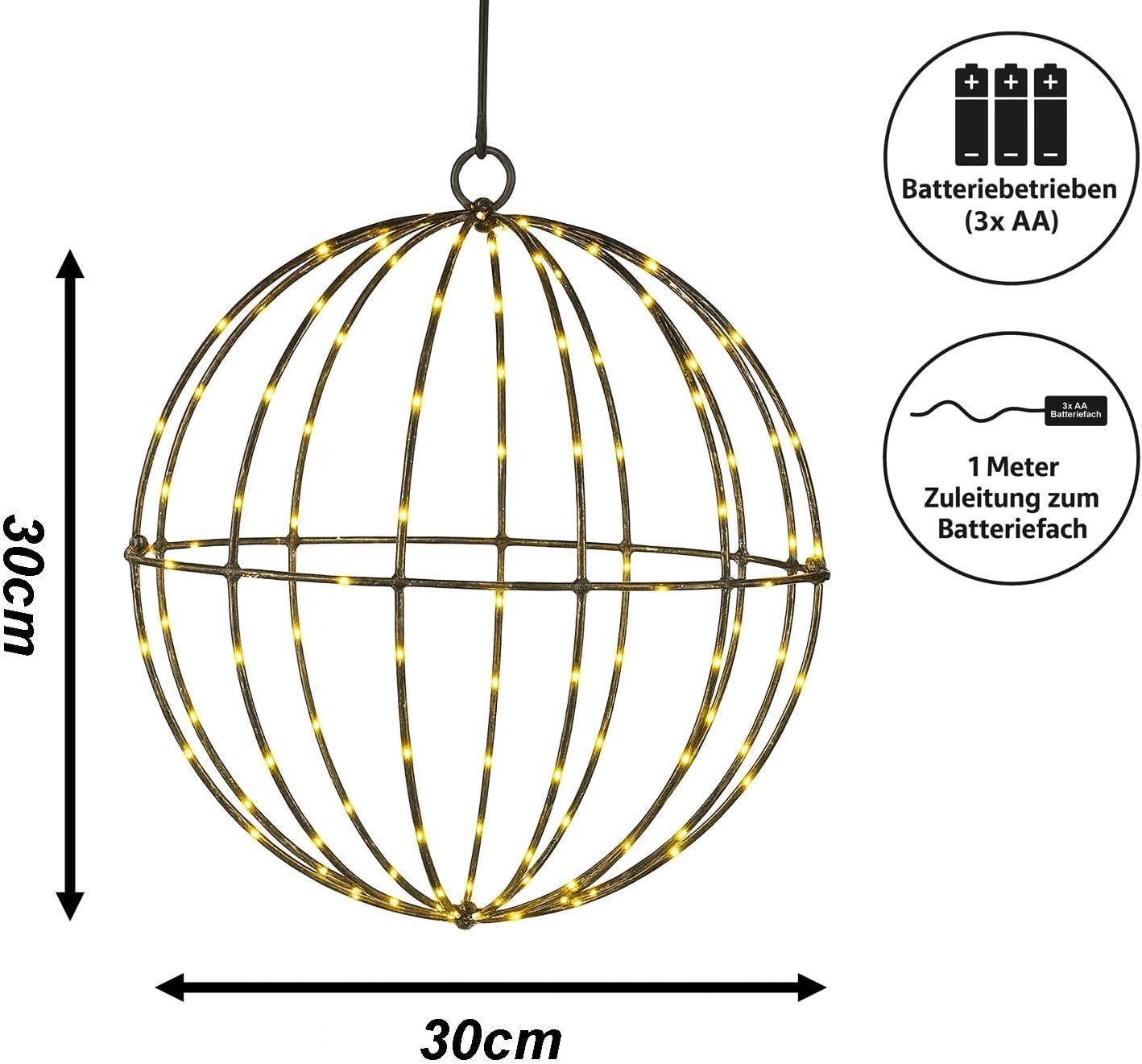 mucHome LED Kugelleuchte LED Metall Lichterkugel Ø20 cm, 100 warmweiße LEDs mit Timer, Batterie – Bild 3 von 5