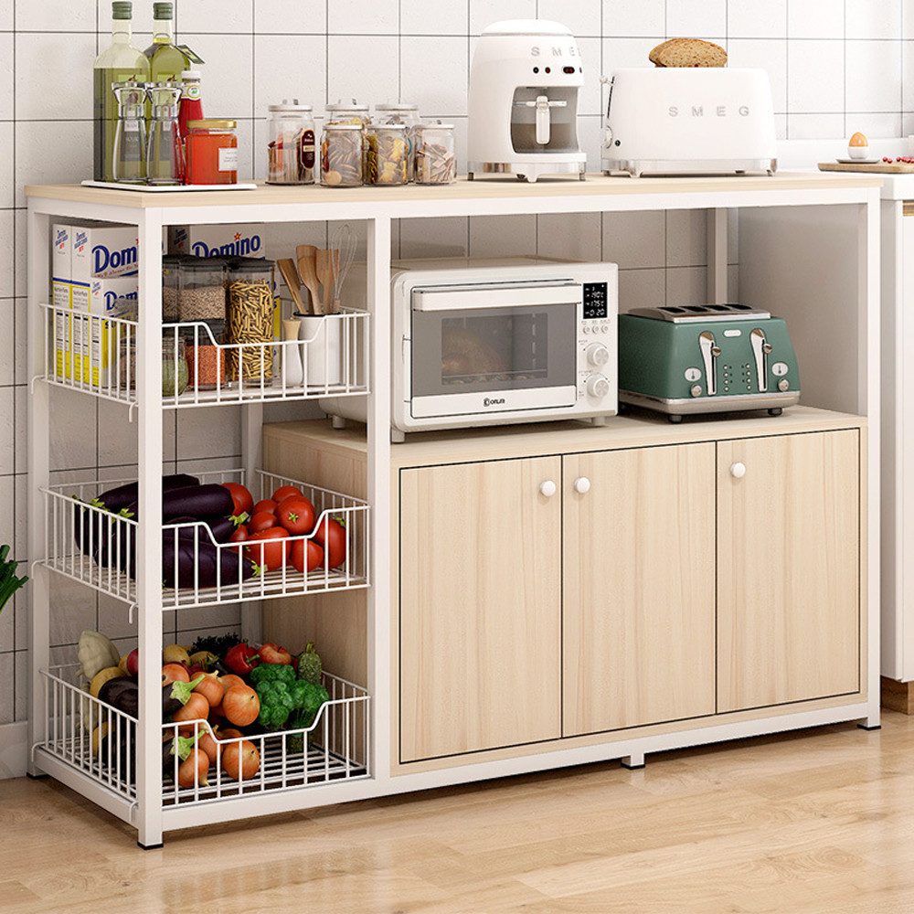 habeig Küchenbuffet Küchenschrank Regal 3 Ablagekörben 3 Türen 120x80x30cm Metallrahmen