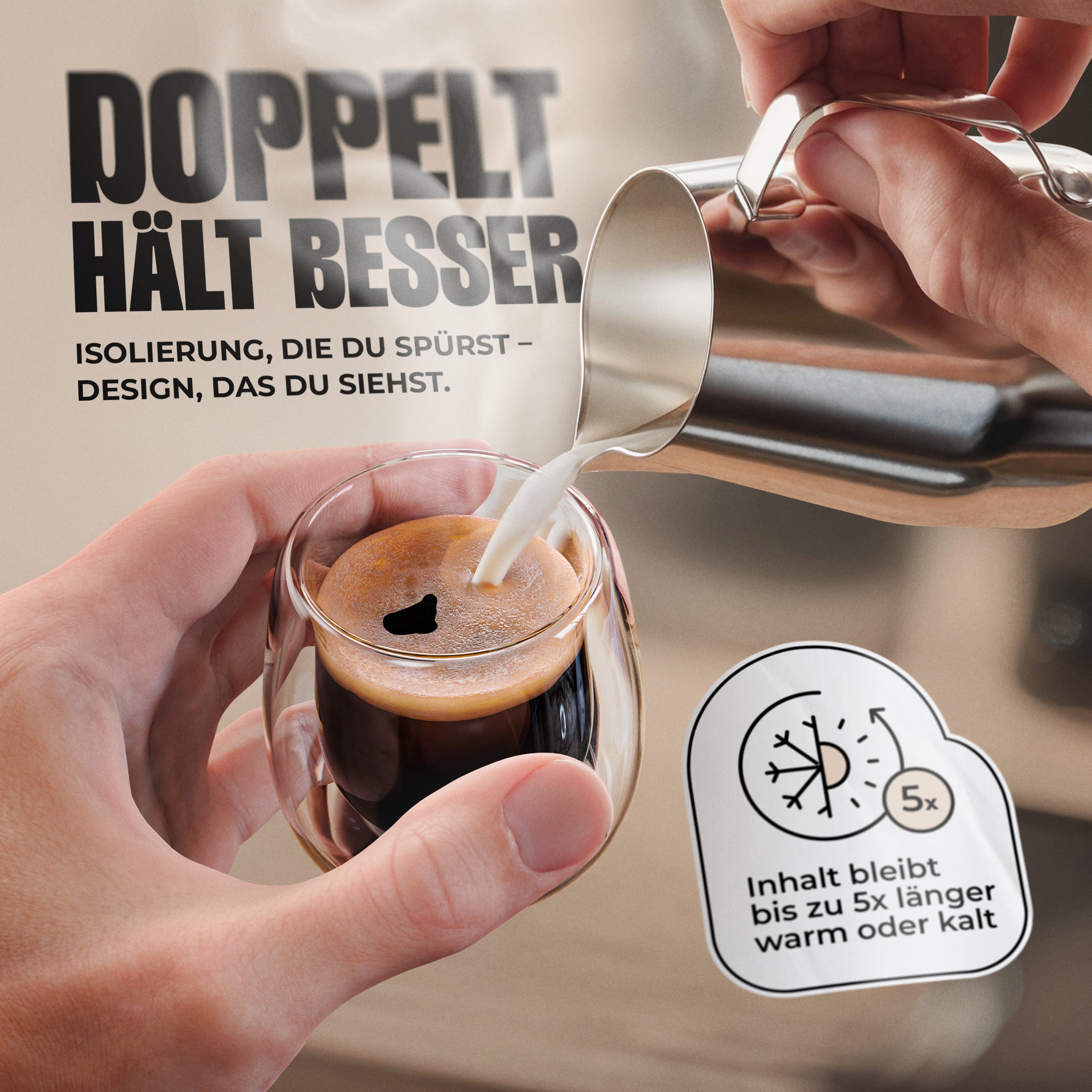 LAPRESO Espressoglas Doppelwandig Thermogläser Kaffeegläser Set 80 ml, 6-tlg., Borosilikatglas, 6er Set