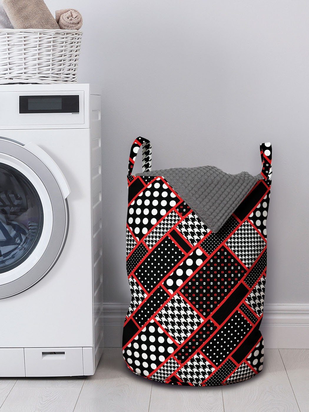 mit Wäschekorb und Kordelzugverschluss Waschsalons, für Geometric Schwarz Abakuhaus Griffen Retro Wäschesäckchen Rot