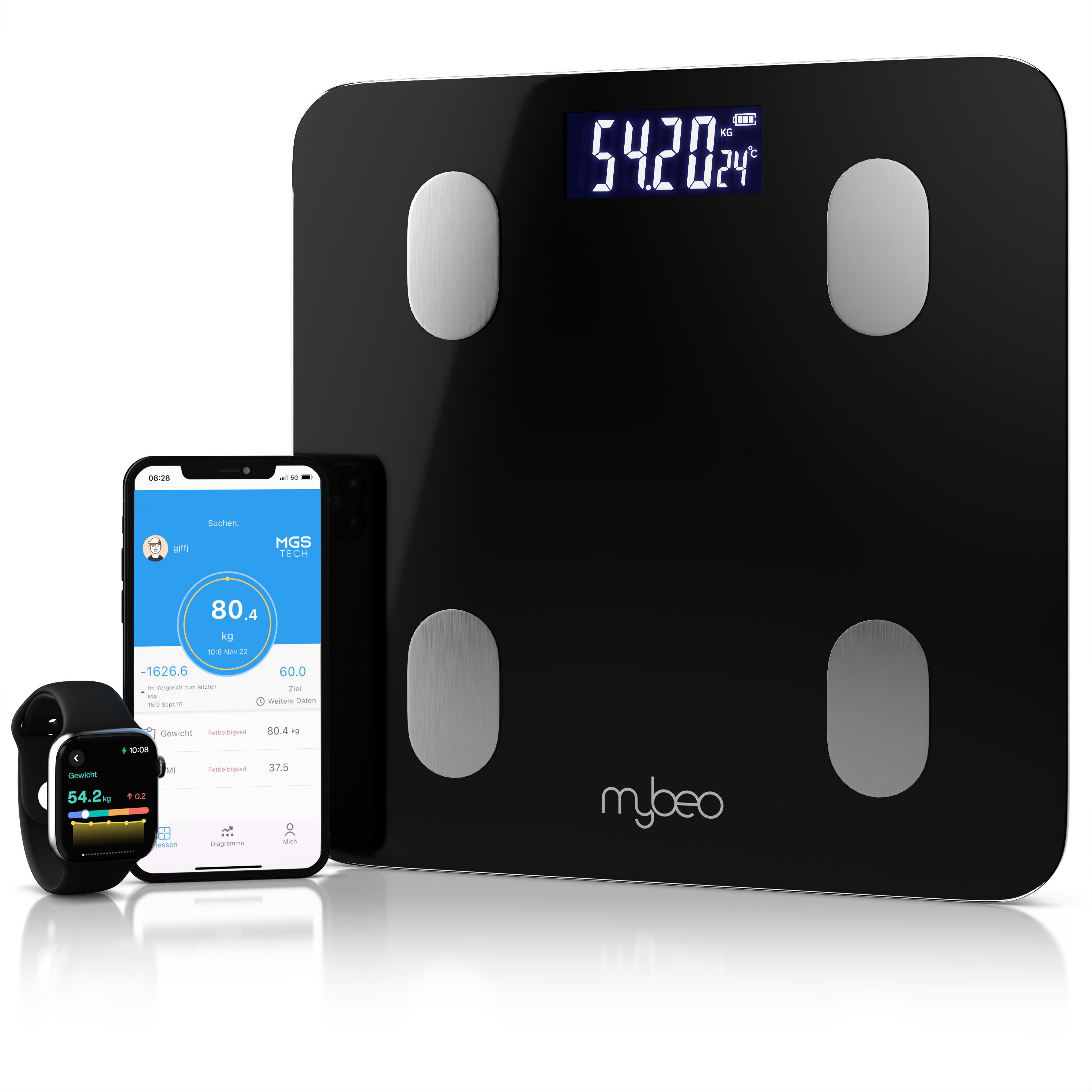 MyBeo Körper-Analyse-Waage Bluetooth Körperfettwaage, digitale Multifunktionswaage, APP Steuerung, 1-tlg., Diagnosewaage, BMI, Körperfett, Wasser & Muskelanteil, 5-180 kg