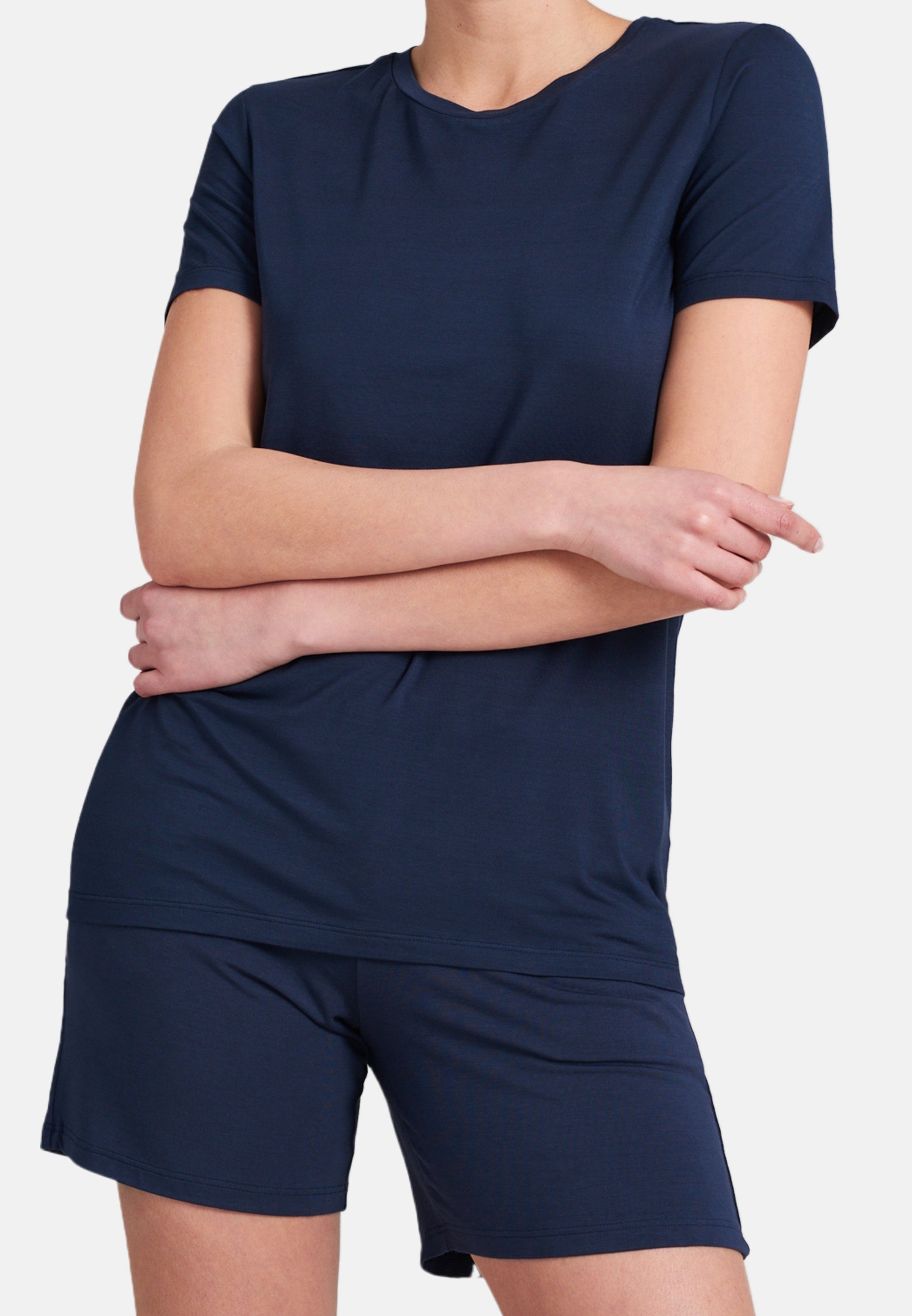 Schiesser Pyjama Modal (Set, 2 tlg) Schlafanzug - Lounge T-Shirt und Bermuda Hose im Set Dunkelblau