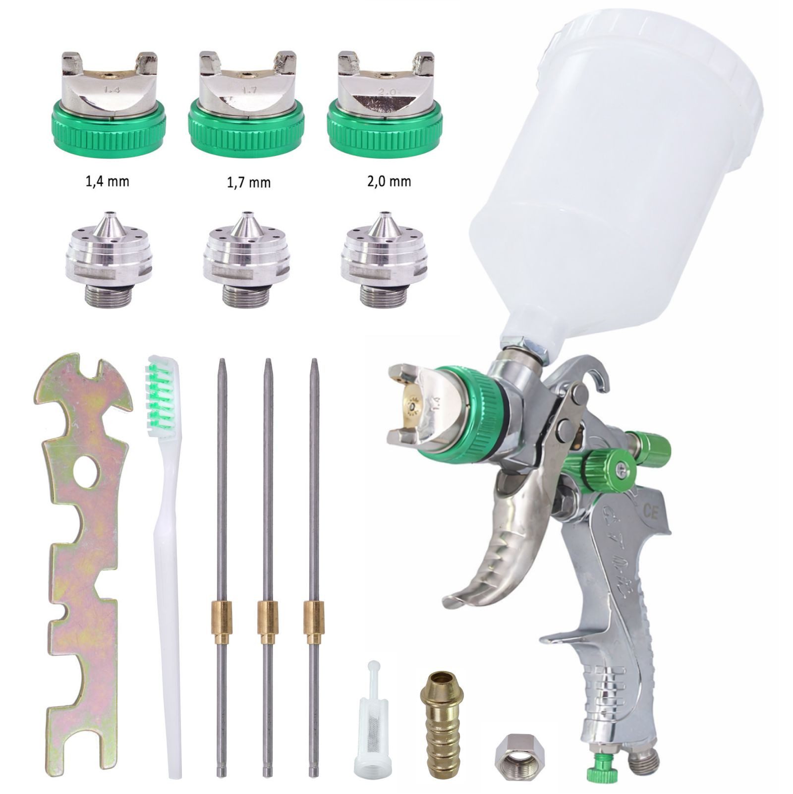 TRUTZHOLM Lackierpistole HVLP Lackierpistole 3 Edelstahldüsen 1,4mm 1,7mm 2,0mm 600ml Becher, Set, 16-tlg., Der empfohlene Druck von 2,5-3,5 bar hängt von der Lackierweise ab.