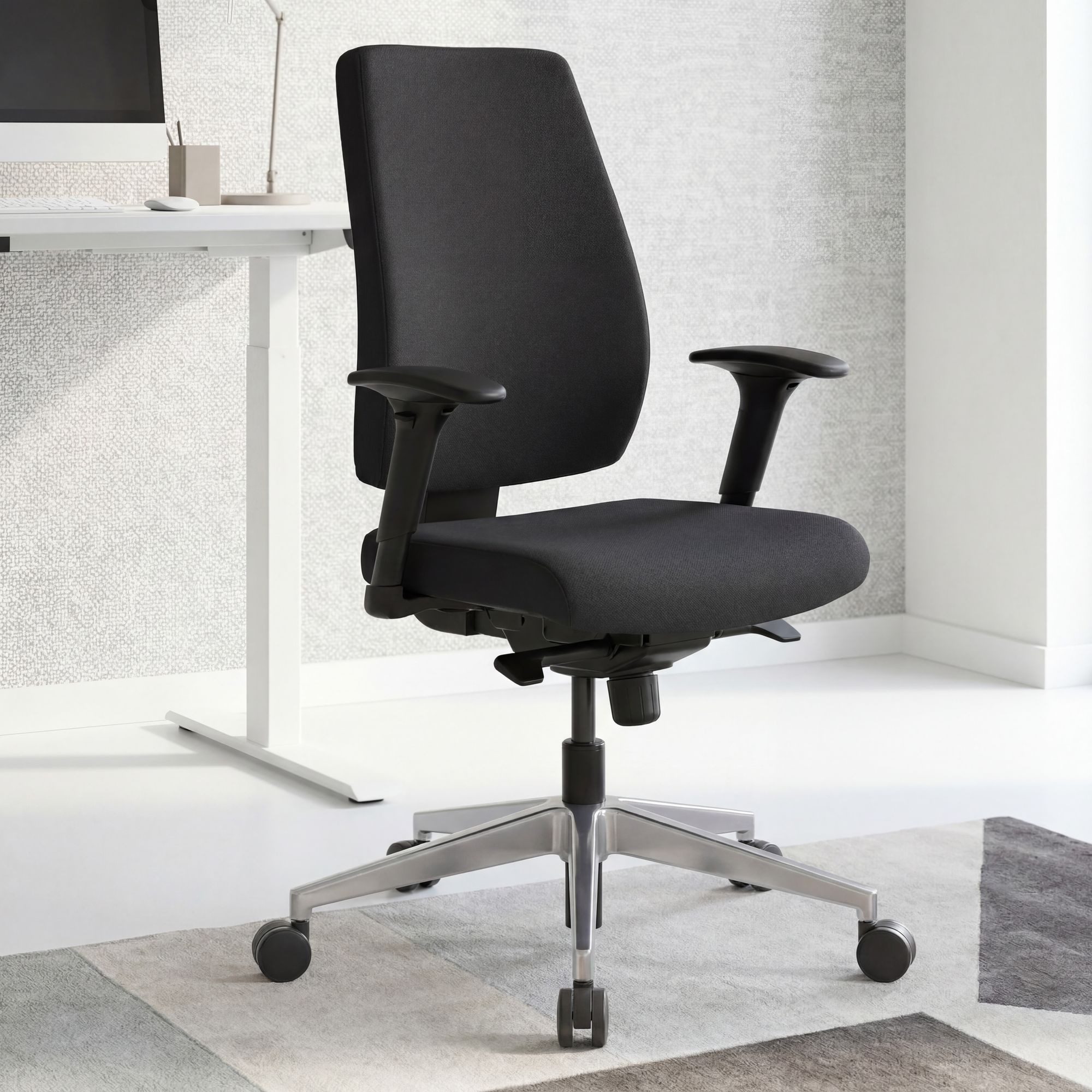 FINEBUY Schreibtischstuhl Bürostuhl DARIUS Stoffbezug Drehstuhl Drehsessel (Schreibtischstuhl Drehbar, Drehstuhl mit Armlehne), Stoff Schwarz, Bürostuhl XXL 120 kg Modern